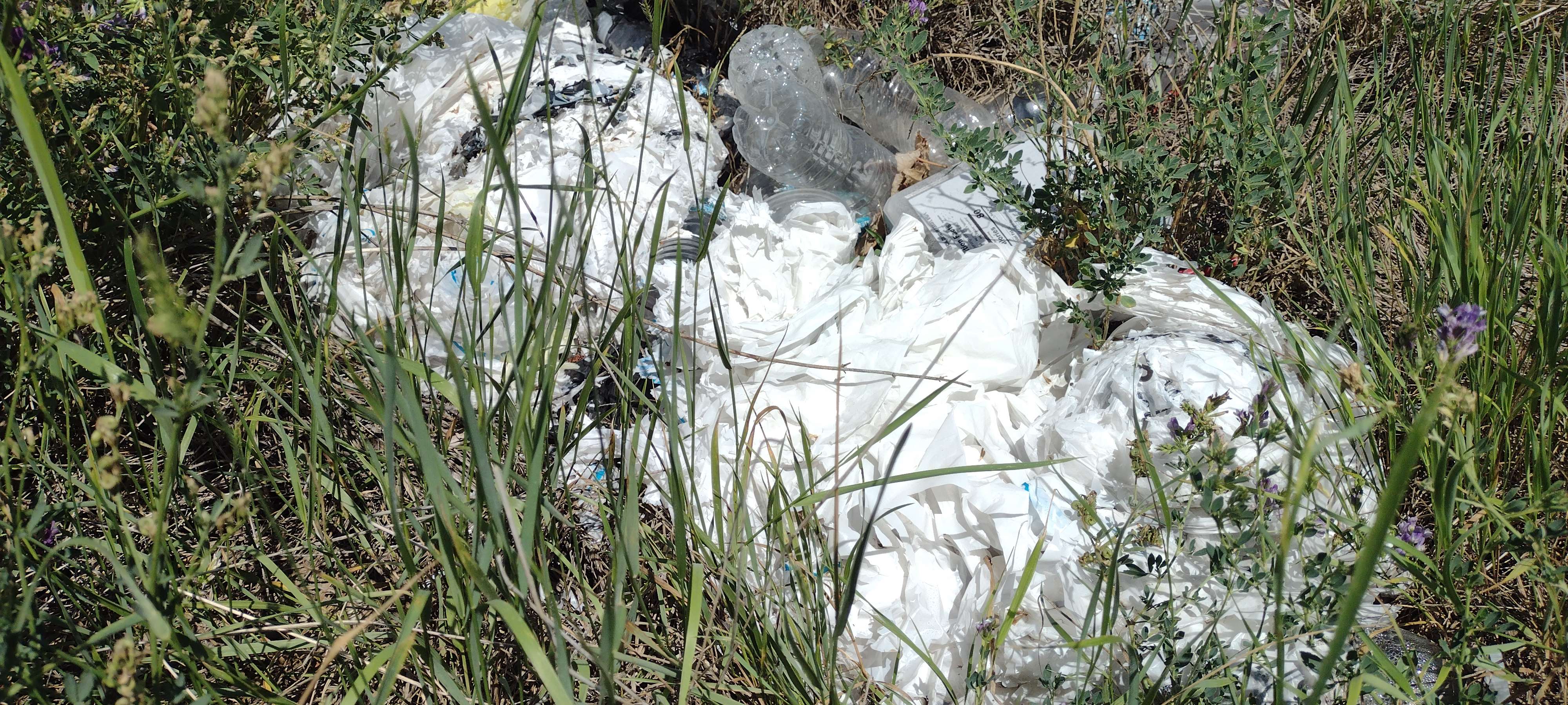A plastic bag of plastic shoppijng bags begins to breakdown in the summer sun where it landed in a vacant lot in Alliance.