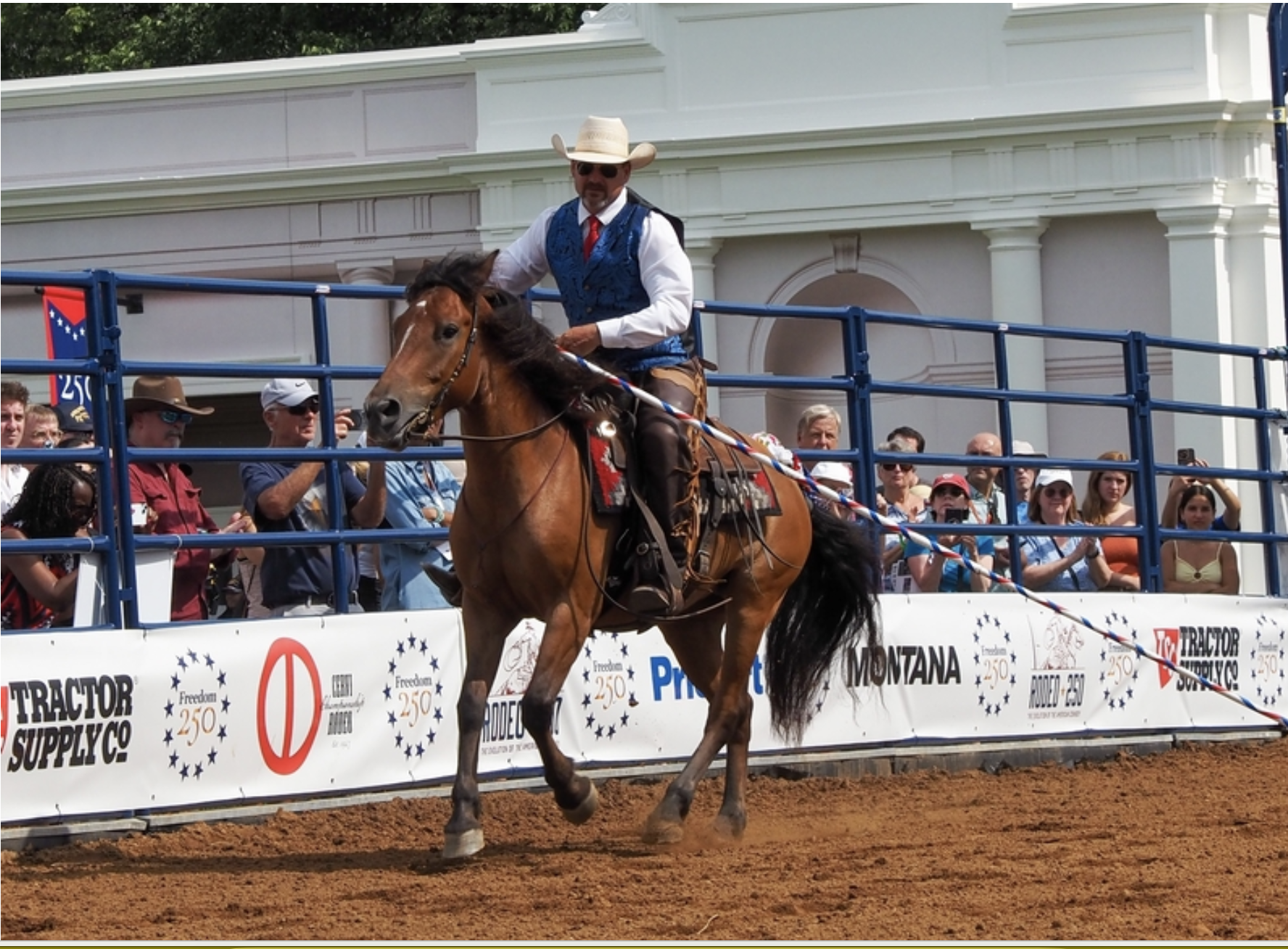 A crowd watches a rodeo on the National Mall as part of Montana’s exhibit for the Freedom 250 Great American State Fair on Thursday, June 25, 2026. (Photo by Ashley Murray/States Newsroom)