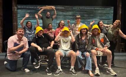 The cast of Sterling’s upcoming production of the musical “Come From Away” rehearse the rowdy “Screech In” song in which four of the “come from aways” become honorary Newfoundlanders. The cast includes (front left to right) Will Dutton, Bryson Brownlee, Ean Heise, Amy Brownlee, Larry Brownlee, (second row) Betsy Dutton Dashona Mahoney, Whitney Lansdowne, Mason Lockhart, Katie Fox, Piper Harding, (above) Ben Jones. The show will be presented July 2, 3 and 5 at Sterling High School.