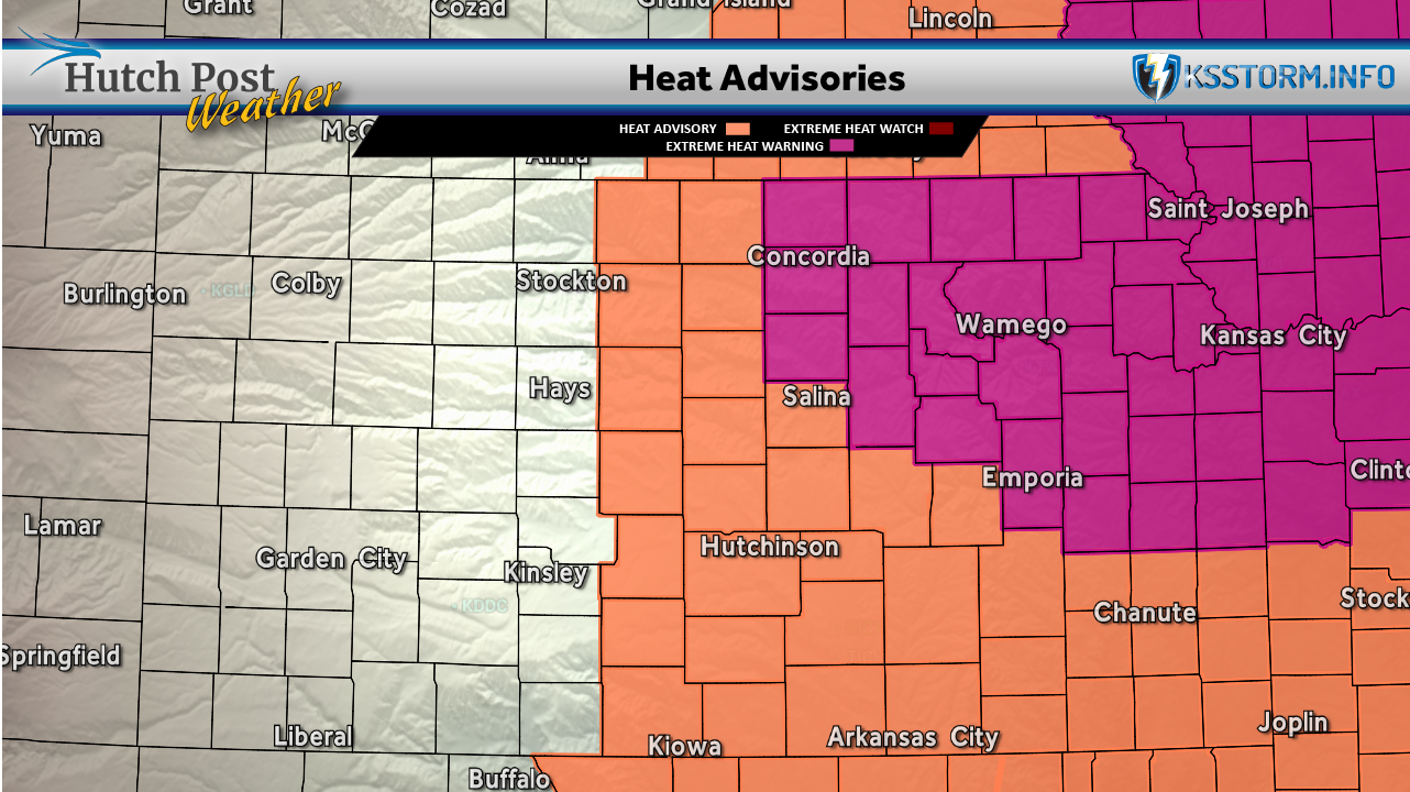 A Heat Advisory has been issued through 8 p.m. Thursday. - Hutch Post graphic.