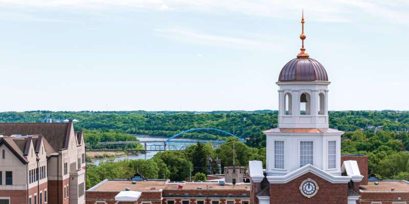 The library's tower, with a view of the Missouri River and Amelia Earhart Bridge. Credit: Benedictine College.