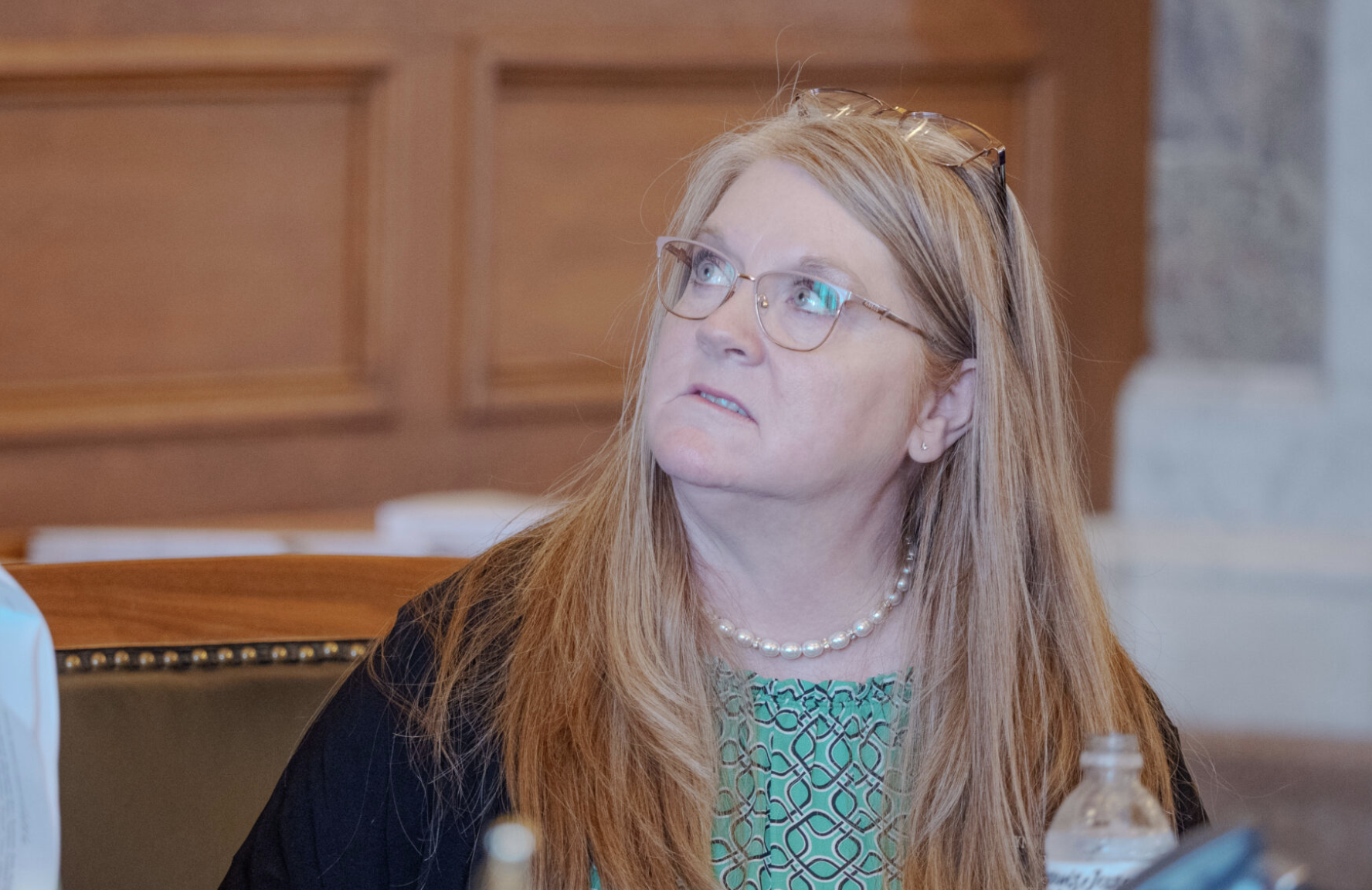 Rep. Cyndi Howerton appears during a March 26, 2026, legislative hearing at the Statehouse in Topeka. She is defending her decision as chair of the joint foster care committee to shut the public out of a planned five-hour meeting with foster care providers. (Photo by Sherman Smith/Kansas Statehouse)