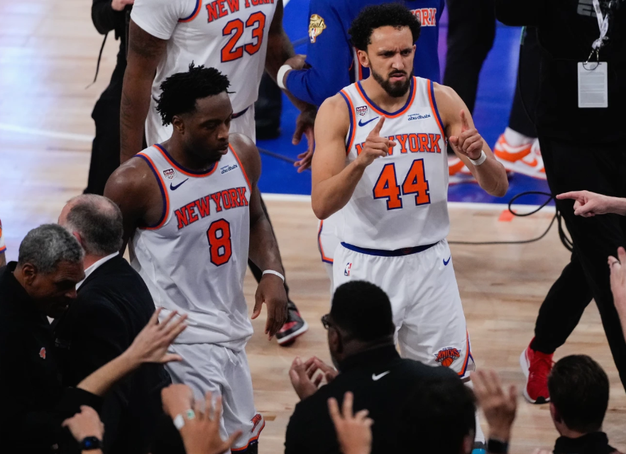 New York Knicks guard Landry Shamet (44) celebrates towards fans after Game 4 of the NBA Finals basketball series against the San Antonio Spurs, Wednesday, June 10, 2026, in New York. (AP Photo/Ross D. Franklin)
