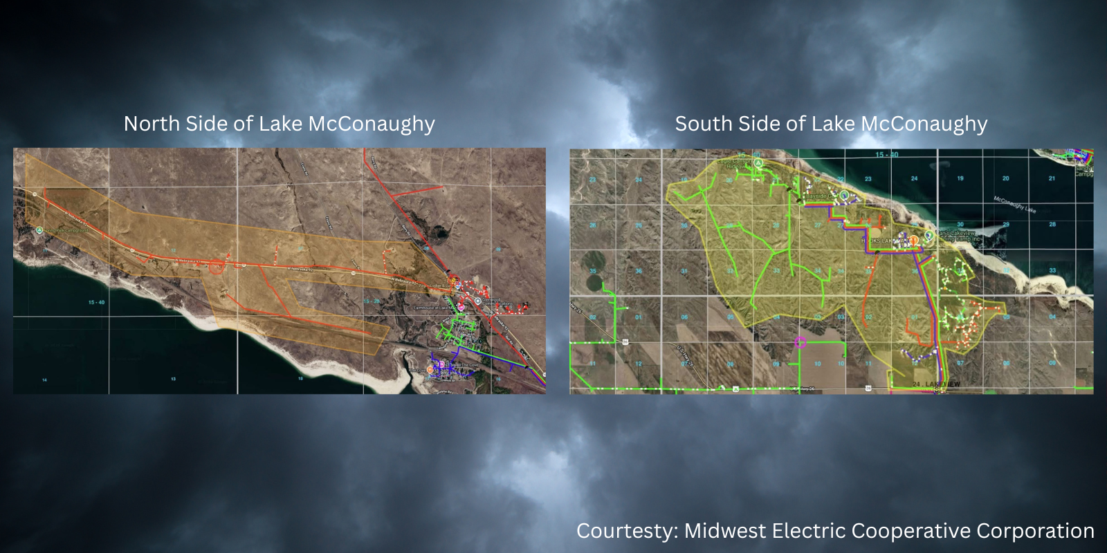 These maps show areas impacted by Tuesday night's severe storms at Lake McConaughy, where powerful winds caused widespread damage, power outages, and emergency responses across the lake. Crews continue working to restore power and assess damage. (Midwest Electric Cooperative Corporation) 
