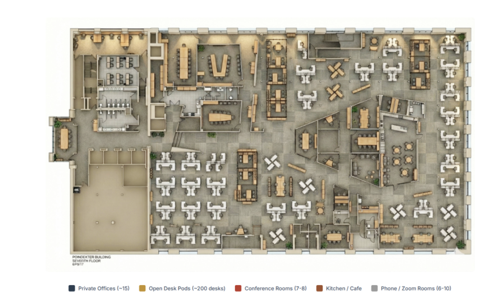 A rendering of the co-working space layout that will occupy the seventh floor of the Poindexter building (Courtesy of Arnold Development Group).