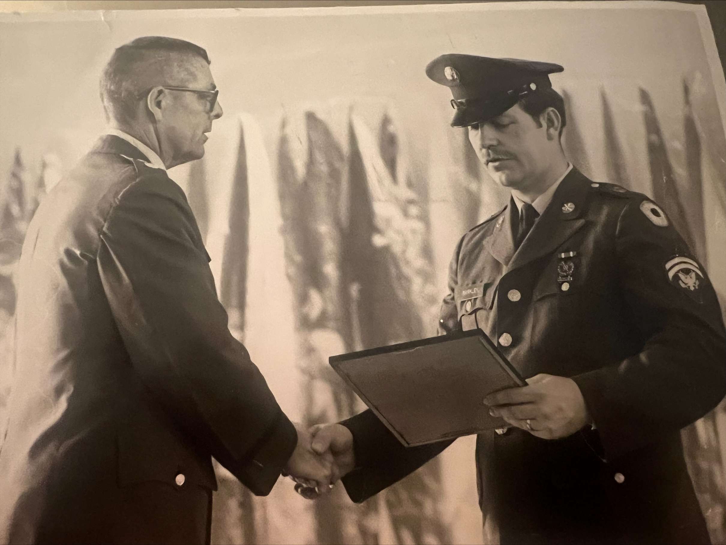 (Left) Lieutenant Colonel Etheridge and Jim Barkley (right) as a Specialist E6. (Courtesy Photo)