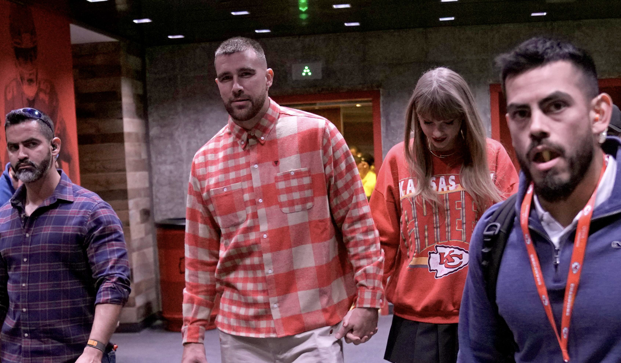 File photo Kansas City Chiefs tight end Travis Kelce, center left, and singer Taylor Swift leave Arrowhead stadium Sunday, Oct. 22, 2023, in Kansas City, Mo. (AP Photo/Charlie Riedel)