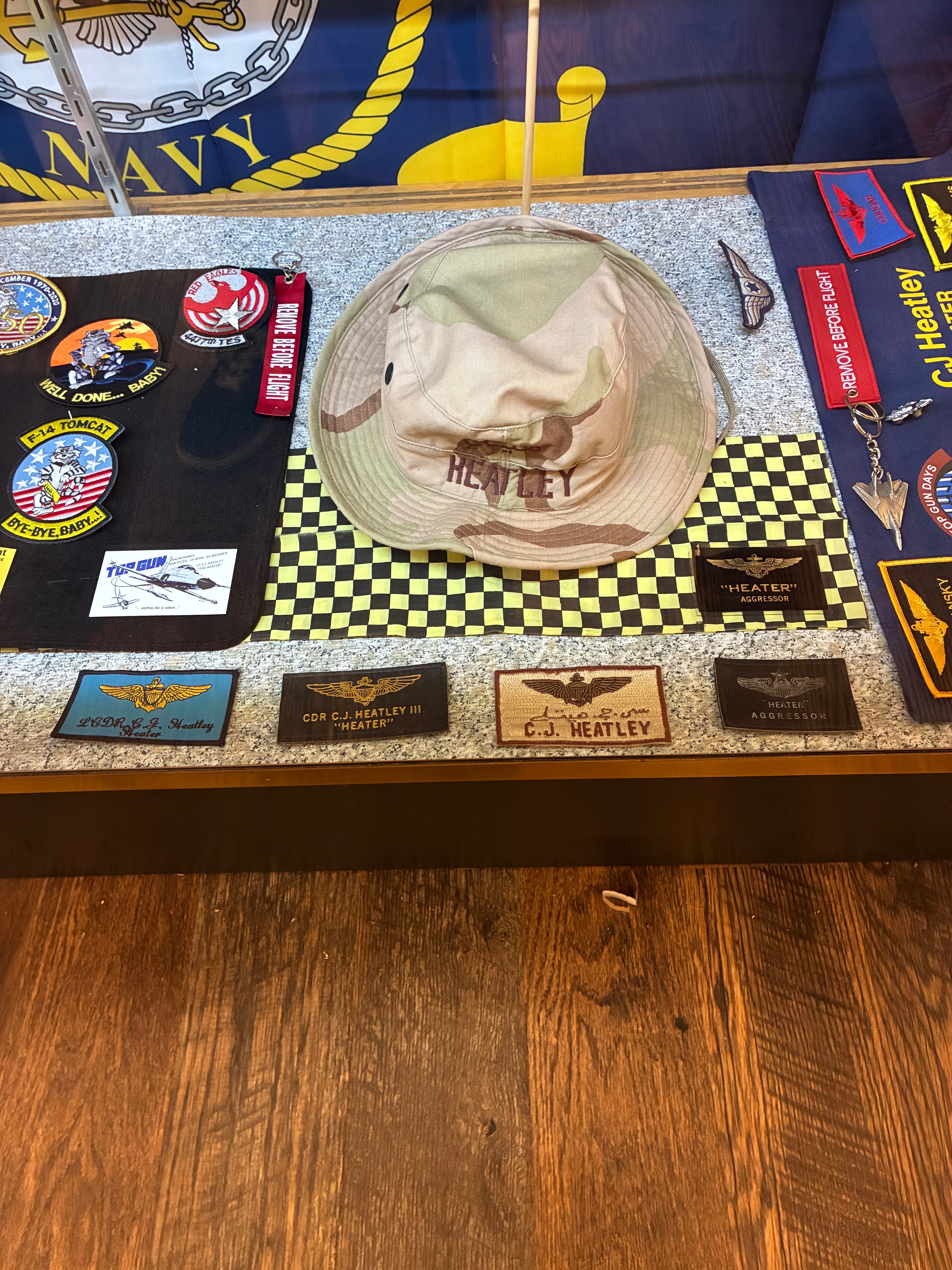 Heatley's gear and patches on display inside Rosie's TOMCAT  Ready Room. Photo by Alin Hett/Hays Post.