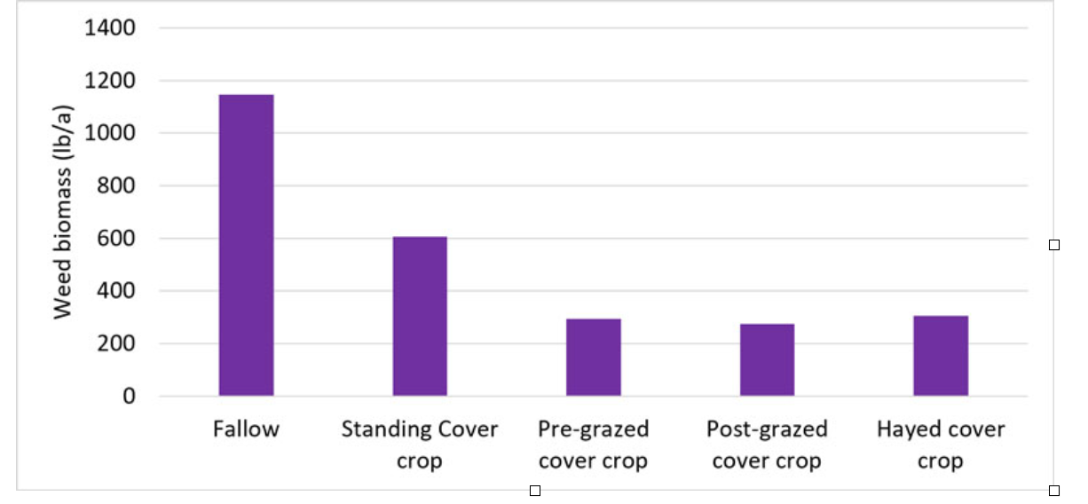 Figure 1:&nbsp;Cover crop management effect on weed biomass measured in summer 2022 near Brownell, KS. Graph by Logan Simon, K-State Research and Extension. Courtesy photo from Campbell