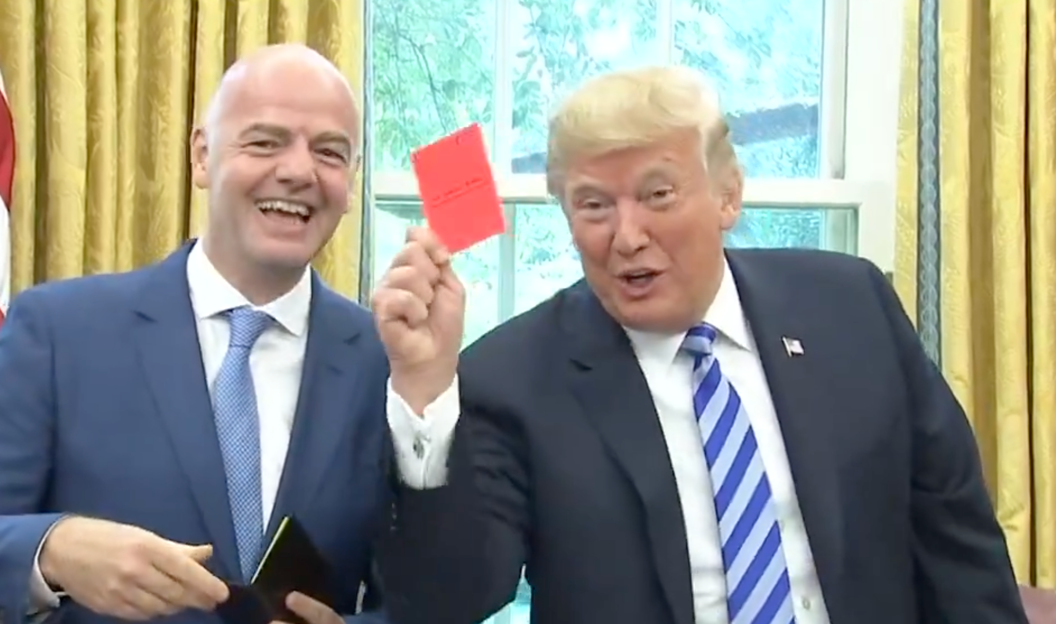 In the end red cards did not matter -FILE photo -FIFA President Gianni Infantino shows President Trump yellow and red cards in the Oval Office August 28, 2025-photo from CSPAN video