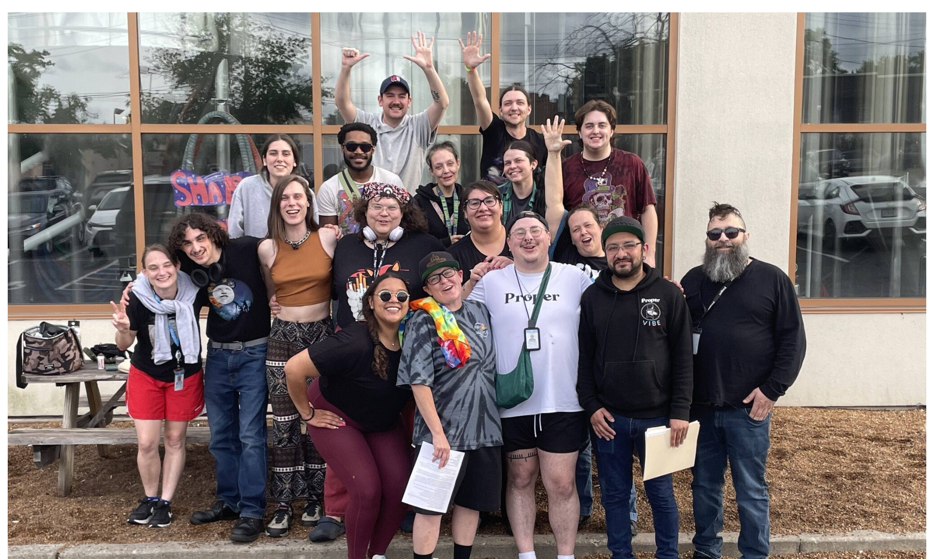 Post-harvest employees at Proper Cannabis cultivation facility celebrate after filing a petition to hold a union election on Wednesday (photo submitted).