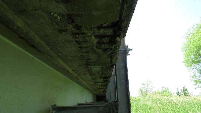 The deck edge on the Andrew Route B Bridge showing deterioration of the deck structure/ Photo courtesy of the Missouri Department of Transportation