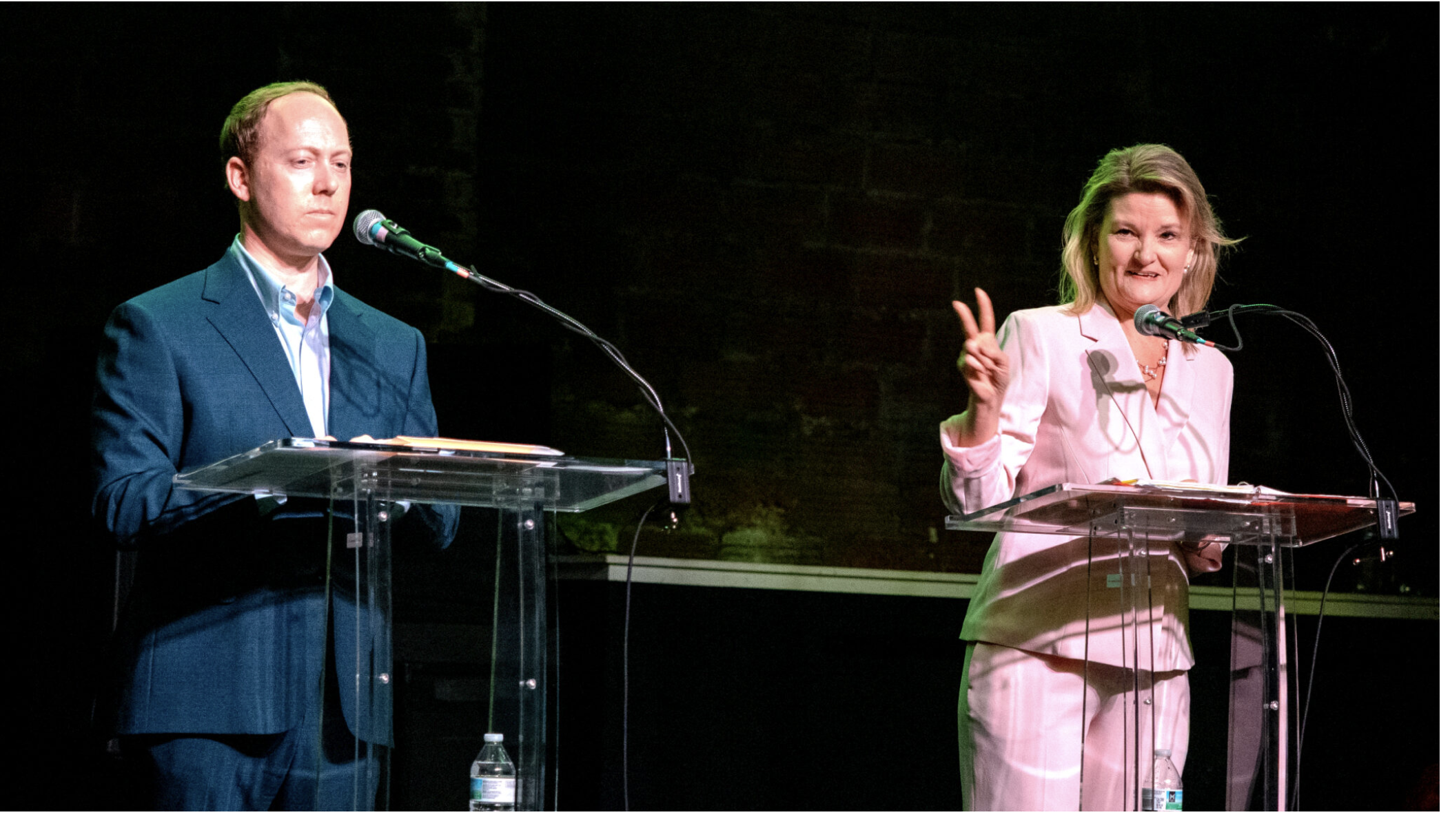 State Sens. Ethan Corson and Cindy Holscher — Democratic candidates for governor —participate in an April 26, 2026, forum at the Aztec Shawnee Theater. (Photo by Sherman Smith/Kansas Reflector)