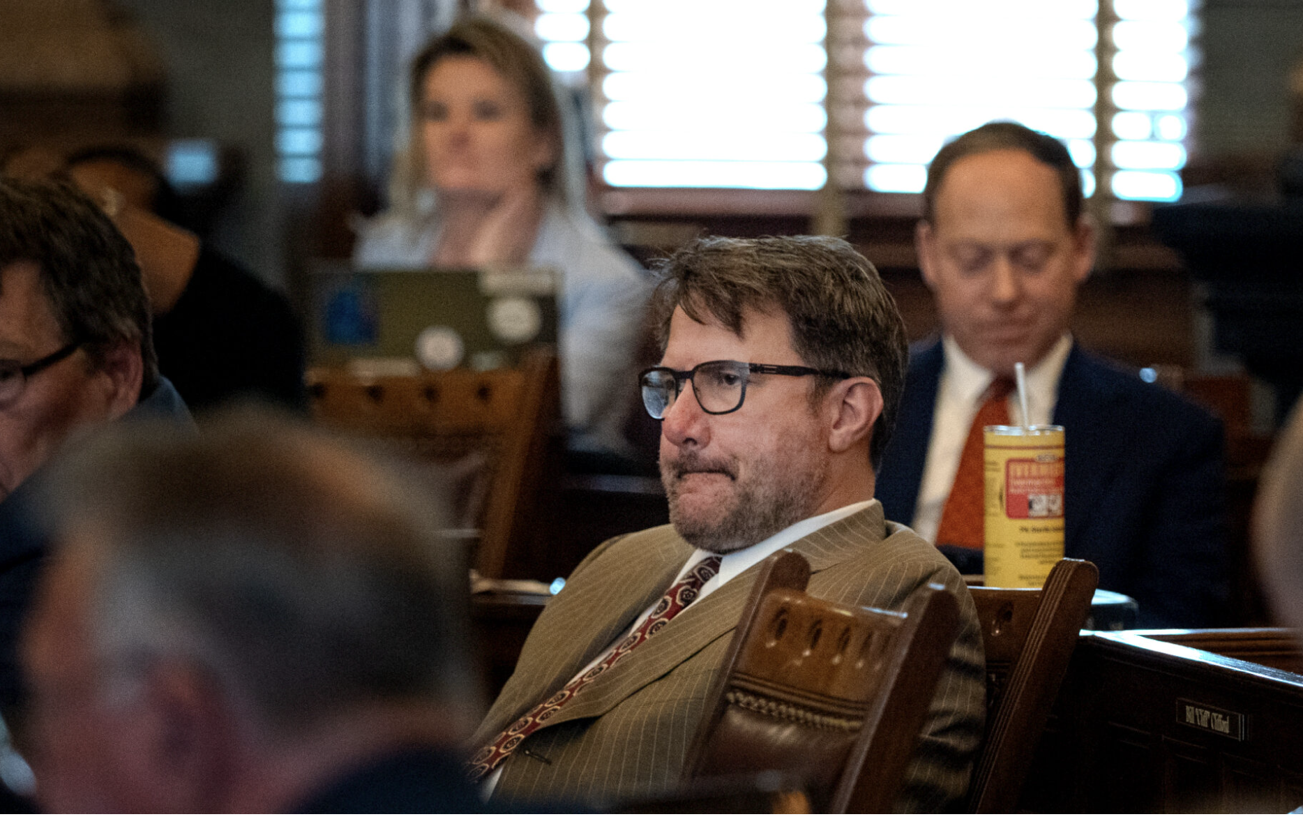  Sen. Joseph Claeys, shown here at an April hearing, questioned an audit of industrial revenue bonds and how to calculate property tax dollars that are lost. (Photo by Sherman Smith/Kansas Reflector)