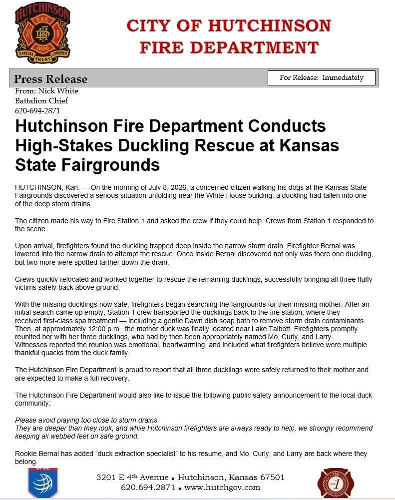 HFD duck rescue (Courtesy Hutchinson Fire Department)