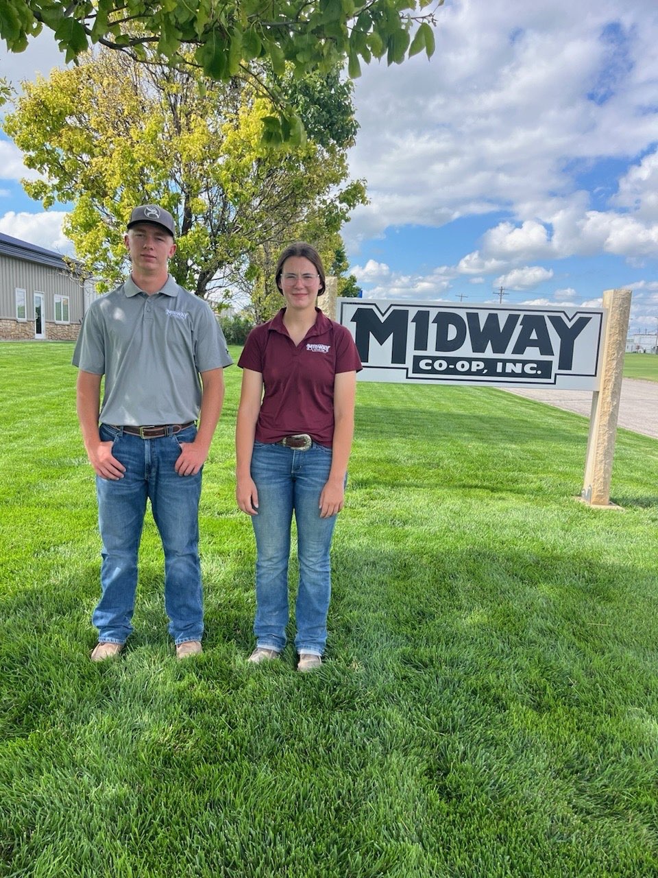 Midway Co-op Agronomy Interns Aiden Conrad (left) of Osborne, Kansas, and Morgan Ourada (right) of Amherst, Nebraska, are spending the summer gaining hands-on experience with Midway's agronomy team while working alongside experienced agronomists and serving producers throughout North Central Kansas. Photo courtesy by Midway Co-op<br>