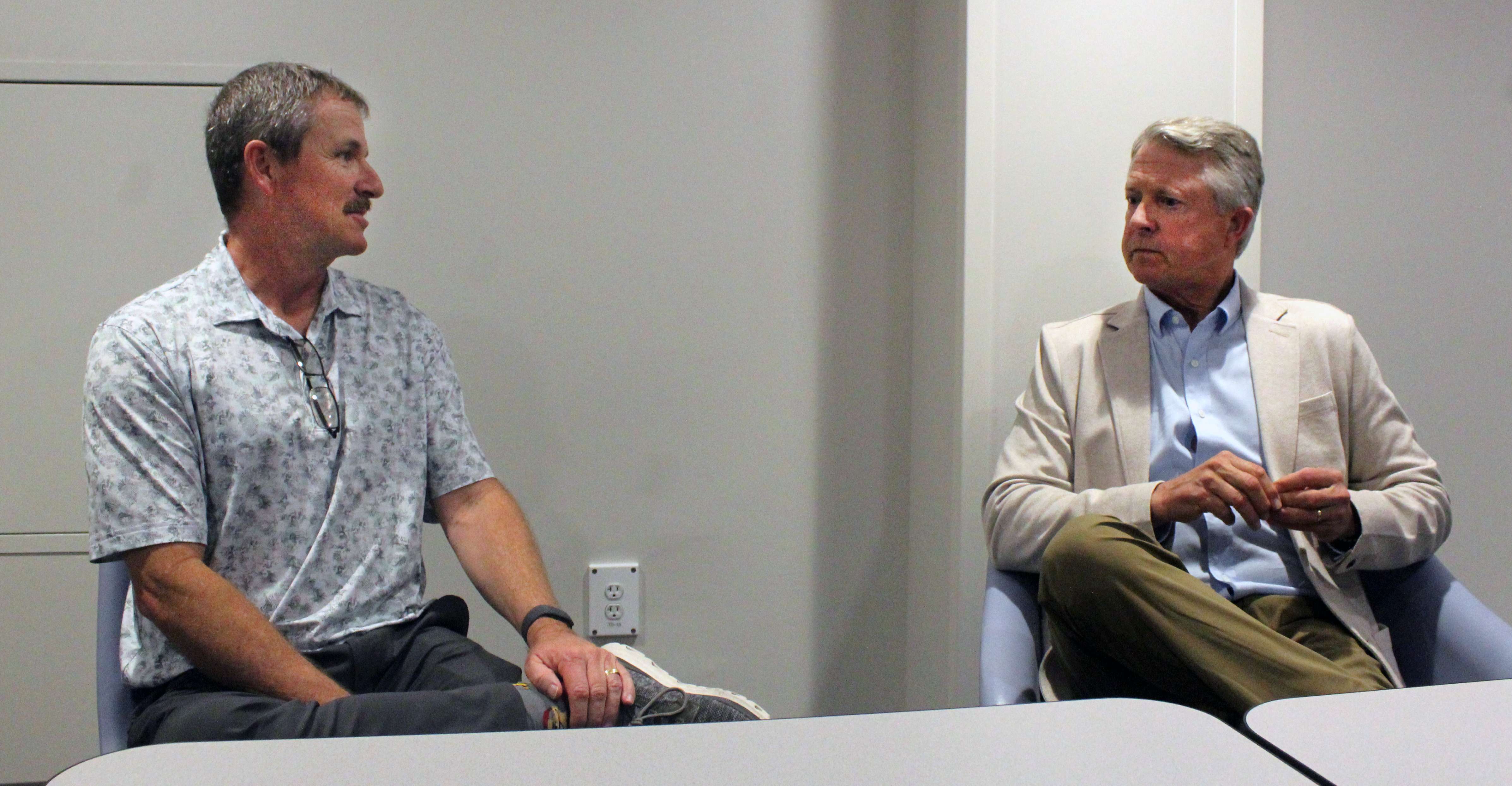 From left Mark Dinkel, High Plains Mental Health clinical director, speaks with Sen. Roger Marshall, R-Kansas, during a recent visit to the Crisis Intervention Center in Hays. Photo by Cristina Janney/Hays Post