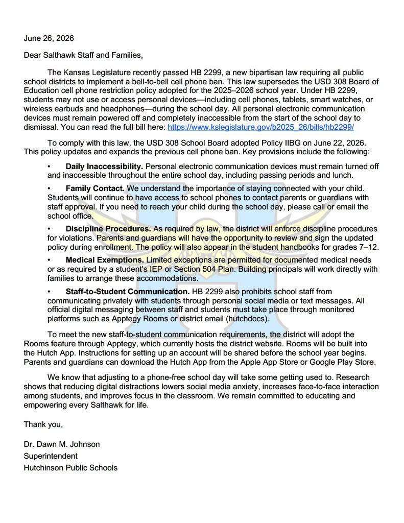 USD 308 letter to families.