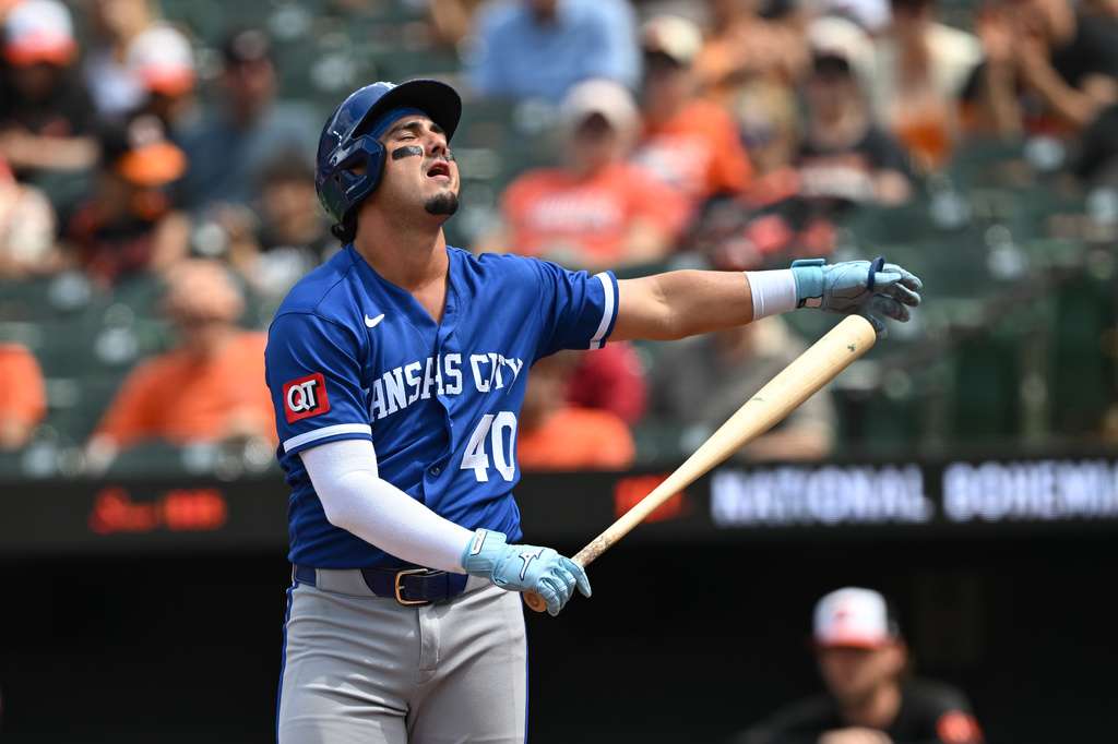Kansas City Royals' Josh Rojas reacts after the third out in the sixth inning of a baseball game against the Baltimore Orioles on Sunday, July 12, 2026, in Baltimore. (AP Photo/Gail Burton)