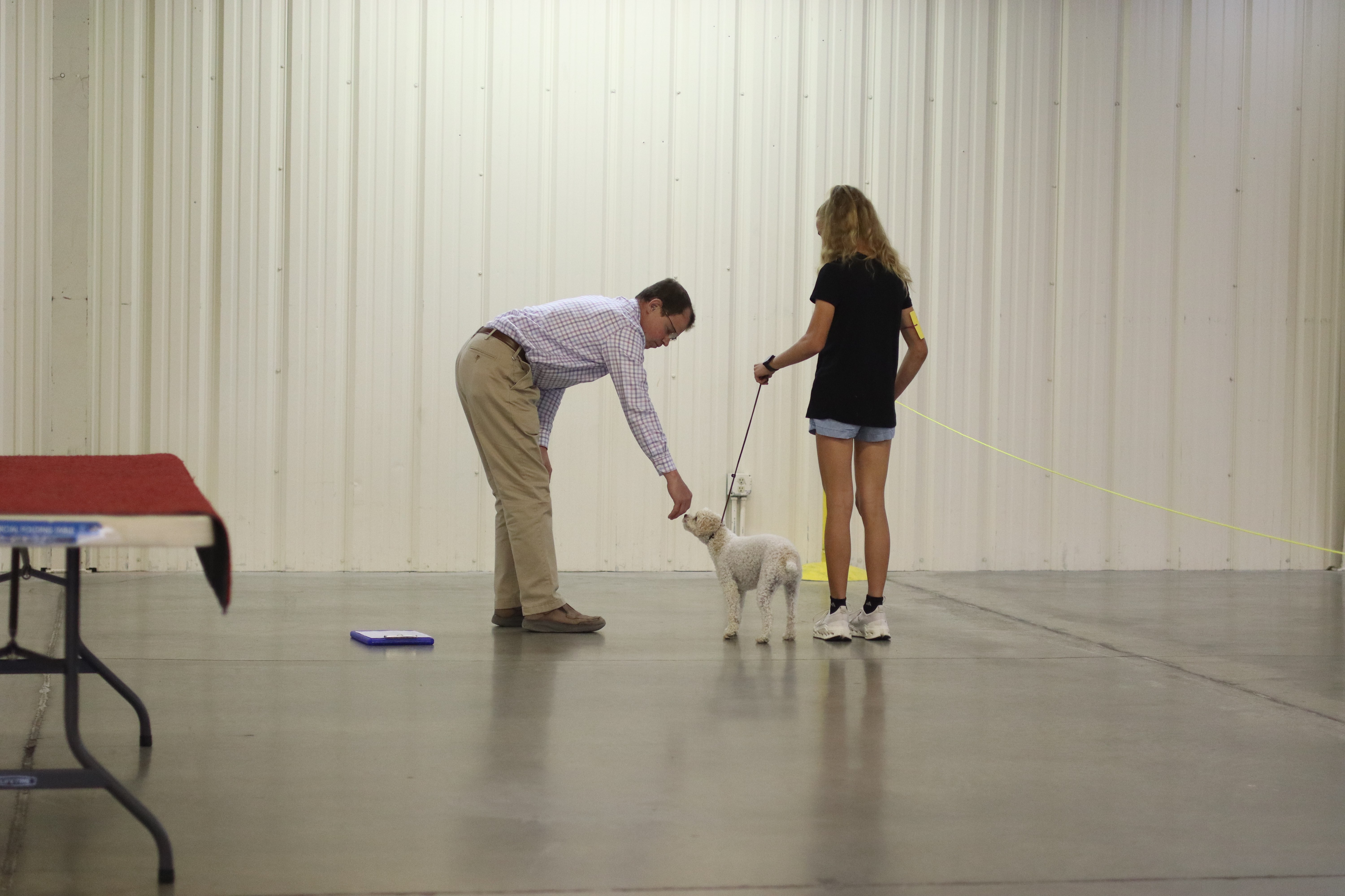 Audrey is telling her dog, Chibro, to "heel" while Judge Will Clark assesses how disciplined the dog is. Photo by Alin Hett/Hays Post.&nbsp;
