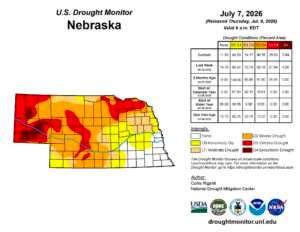 Data from the U.S. Drought Monitor as of July 7, 2026. The service is produced through a partnership among the National Drought Mitigation Center at the University of Nebraska-Lincoln, the USDA, NOAA and NASA. (Photo courtesy of the U.S. Drought Monitor)