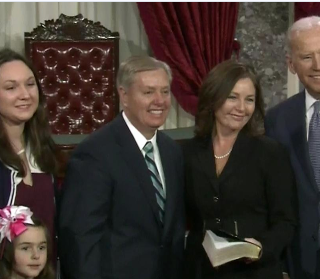 Darline Graham Nordone held the bible at the January 2015 Senate mock swearing in ceremony in the Old Senate Chamber at the U.S. Capitol for her brother, South Carolina Republican Senator Lindsey Graham, conducted by Vice President Joe Biden-image courtesy CSPAN