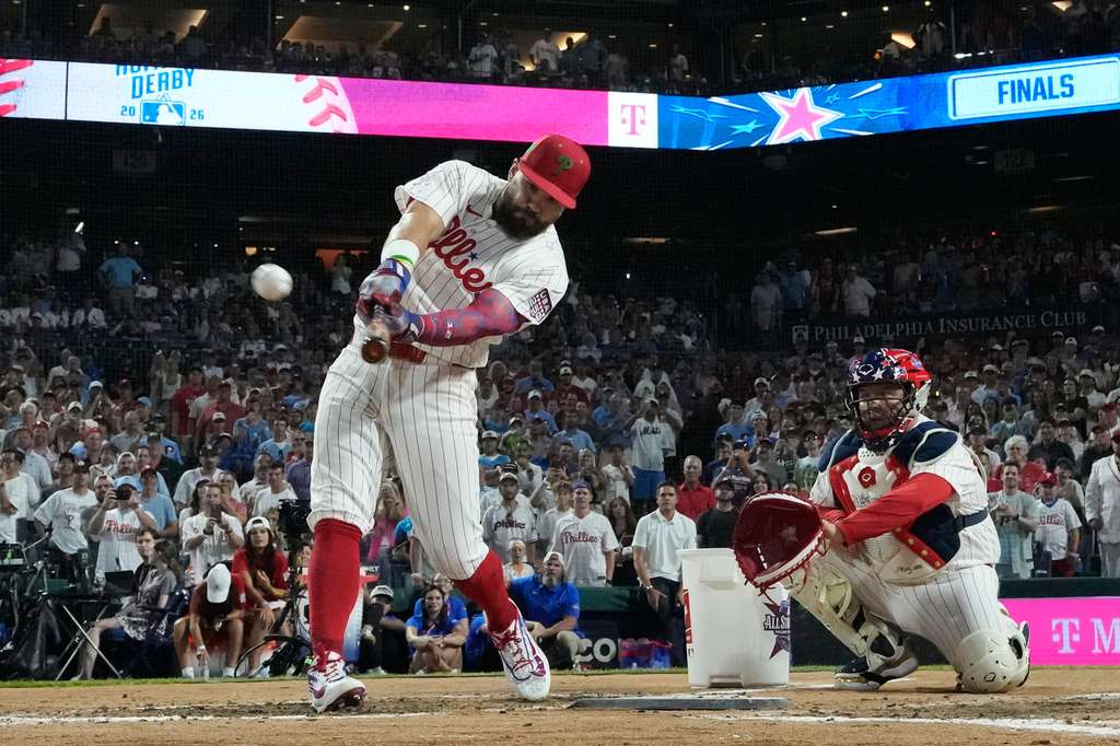 Philadelphia Phillies' Kyle Schwarber competes during the MLB baseball All-Star Home Run Derby, Monday, July 13, 2026, in Philadelphia. (AP Photo/Matt Slocum)