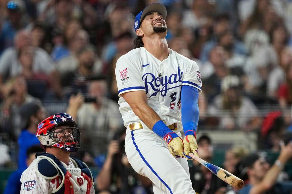 Kansas City Royals' Jac Caglianone reacts during the MLB baseball All-Star Home Run Derby, Monday, July 13, 2026, in Philadelphia. (AP Photo/Matt Slocum)