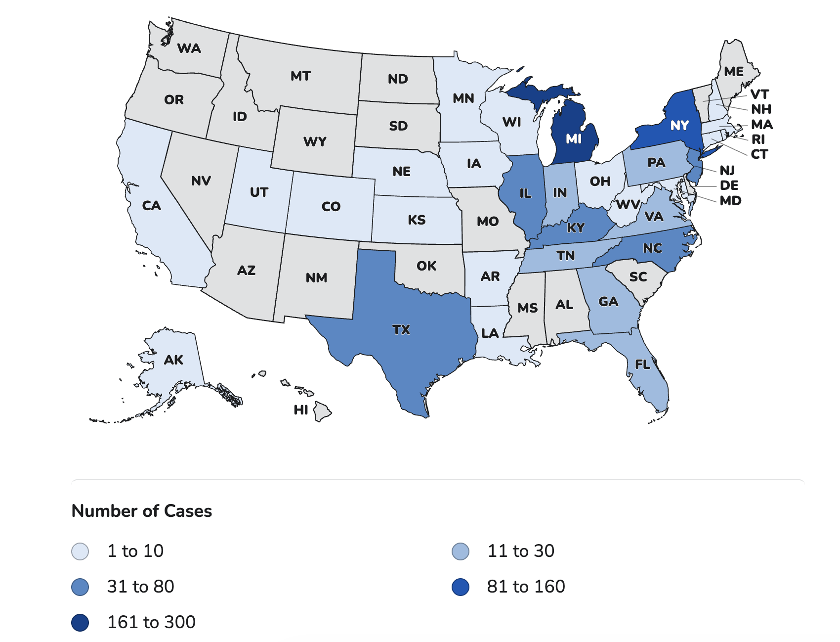 This map shows where the 843 people with cyclosporiasis acquired in the United States since May 1, 2026, lived. Cyclosporiasis cases may not be limited to these states with known cases. The true number of people sick with cyclosporiasis was likely higher than the number reported. This is because some people recover without medical care and are not tested for Cyclospora.