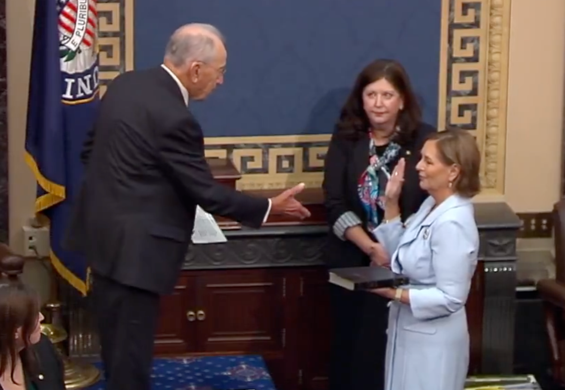 Just 65 hours and 18 minutes after her brother's death, Darline Graham is sworn in to the Senate.-image from CSPAN video.