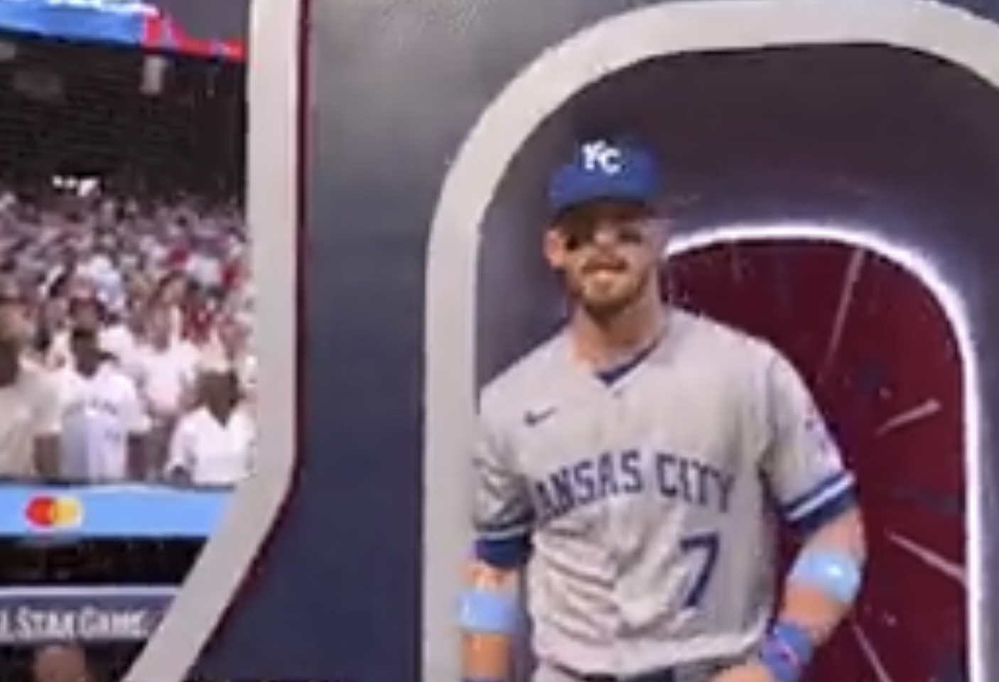Bobby Witt Jr. walked and scored in the first inning-image from KC Royals video on social media