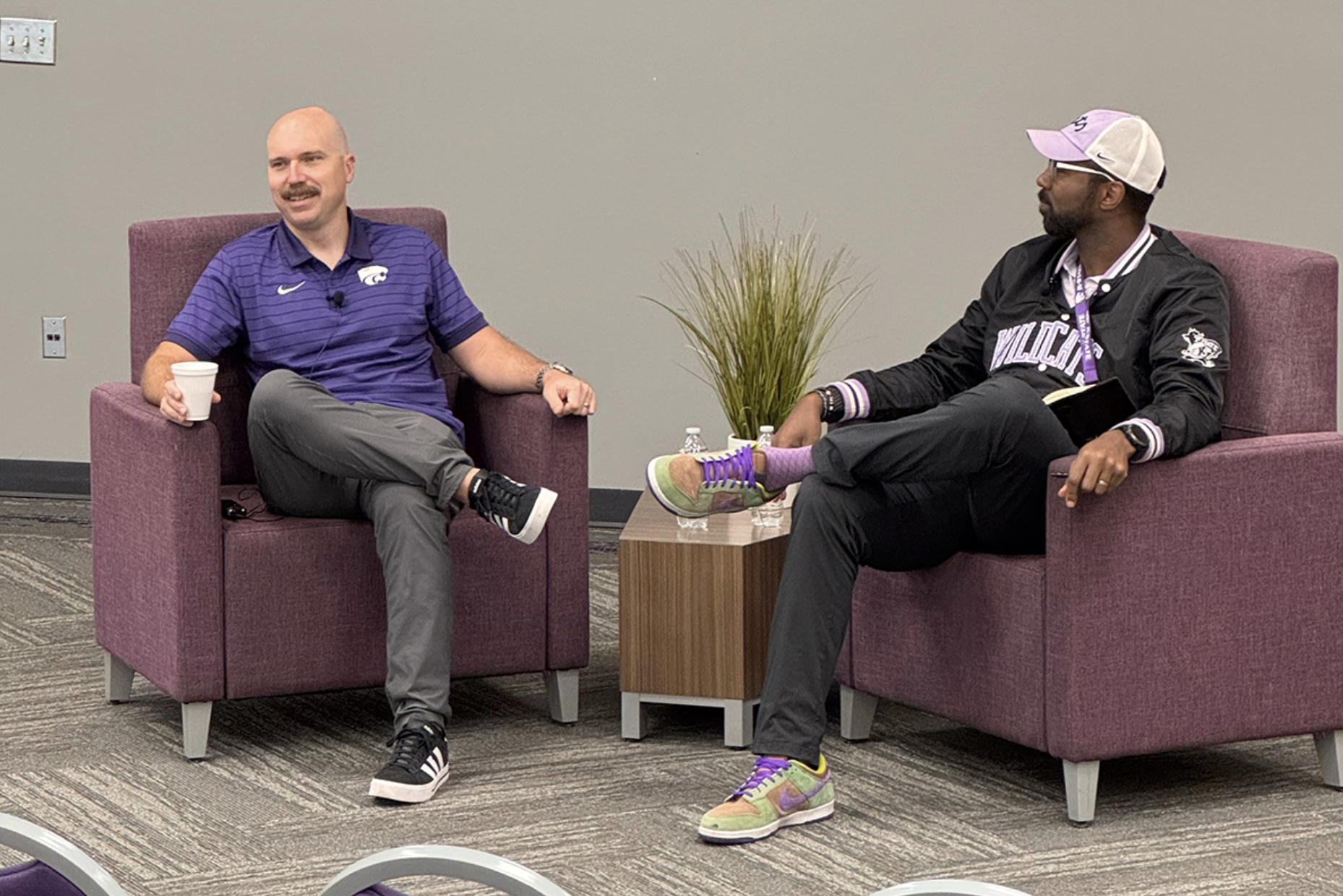 Matthew Shelly, left, talks to the K-State Salina community about his collegiate and professional experiences. He is joined by Tysen Pina, right, K-State Salina aviation department head. - Photo, K-State Salina University