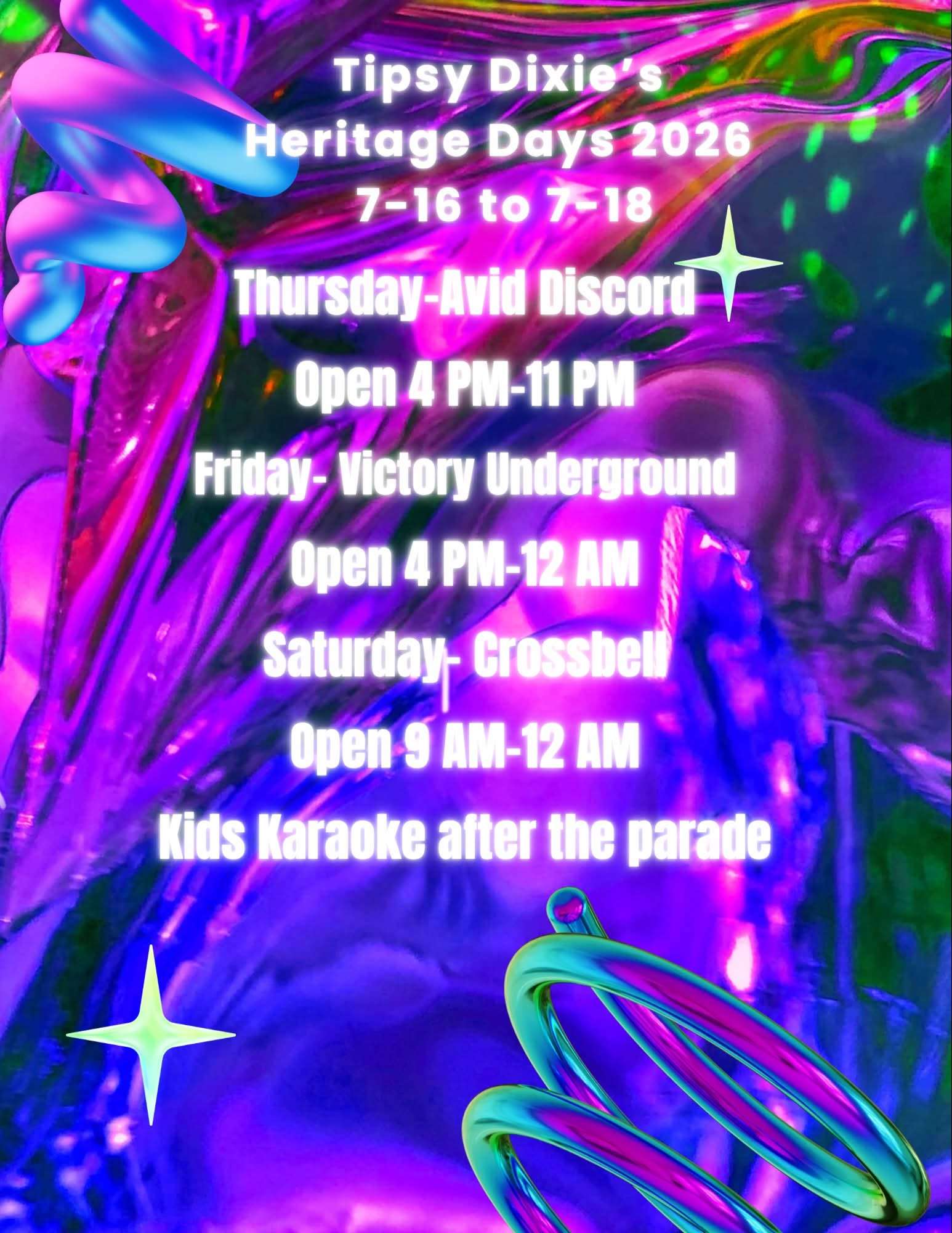 Tipsy shows start at 6pm Thursday, 8pm Friday and Saturday.&nbsp;