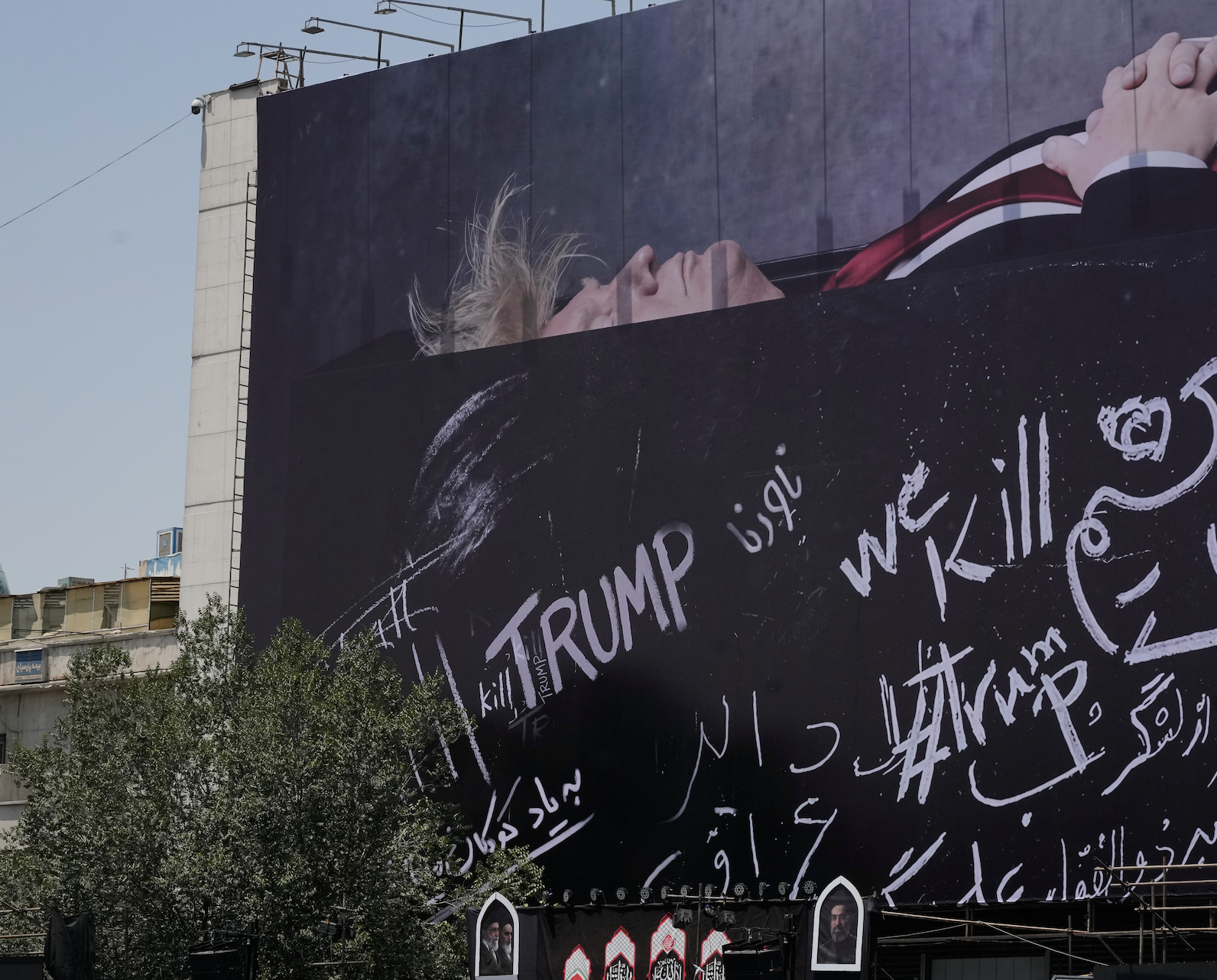 Trump's body in a coffin with text reading