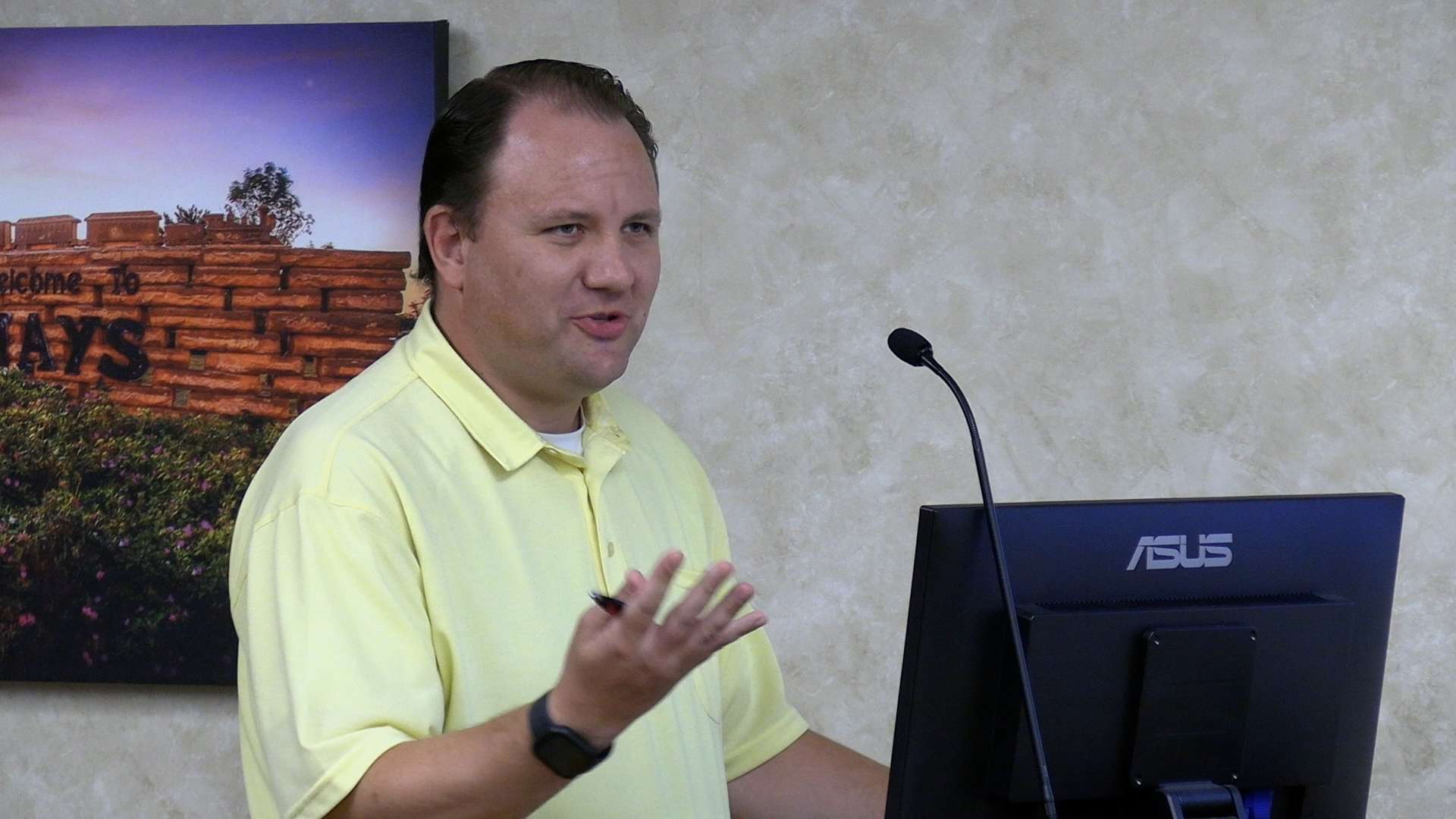 Collin Bielser, deputy city manager, talks about the proposed 2027 budget with Hays city commissioners on July 16. Photo by Becky Kiser/Hays Post