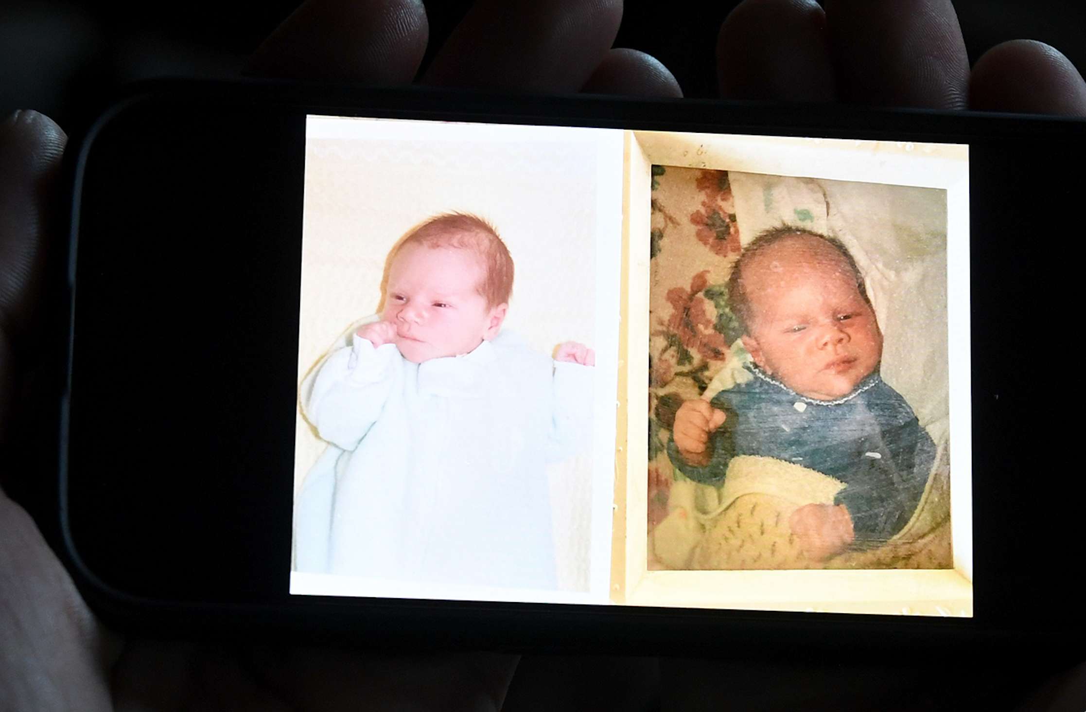 Jeremy Morrison, who says he was sent home with the wrong parents after he was born, shows what he believes is a baby photo of him, left, and of the other baby he says was switched at birth while recounting the story at his home in Colorado City, Colo., on Thursday, July 16, 2026. (AP Photo/Thomas Peipert)