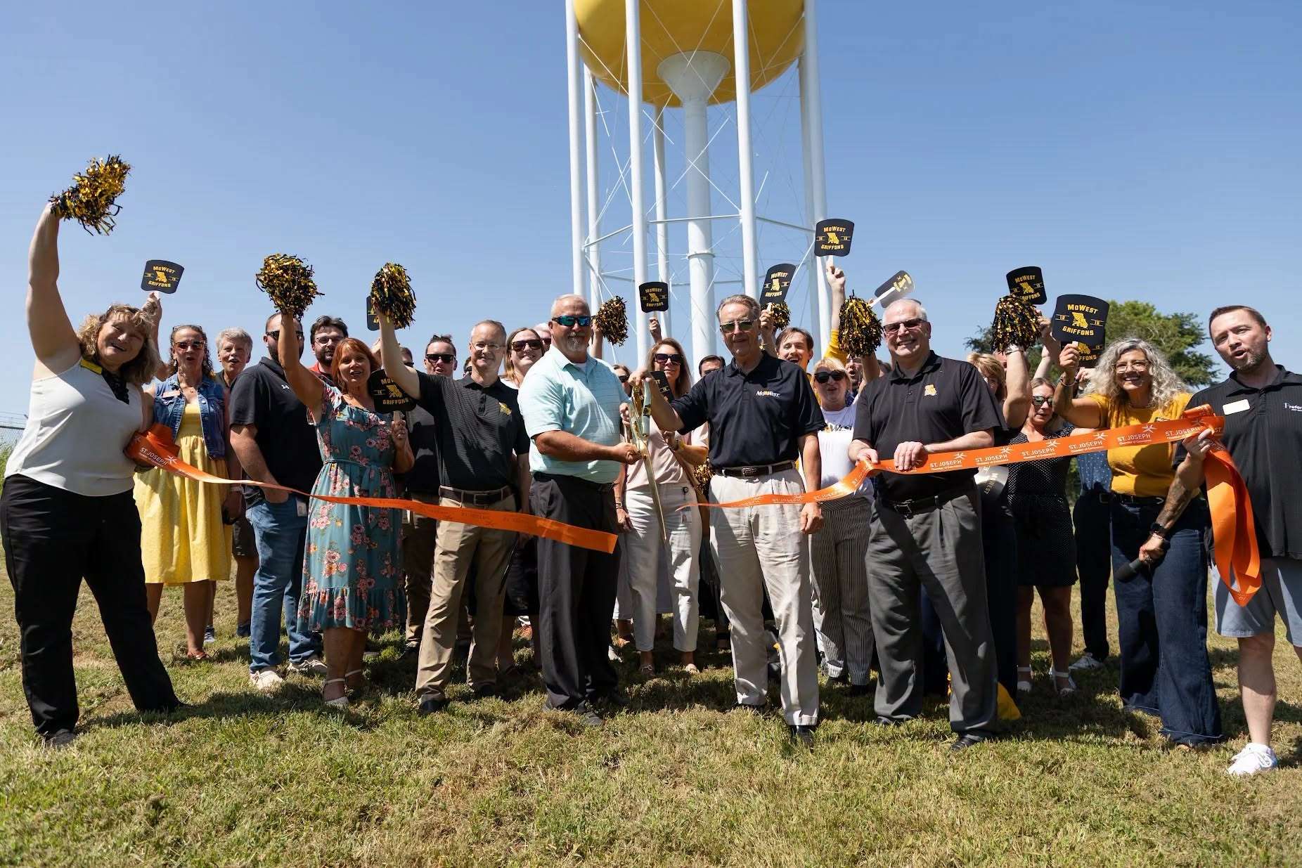 Missouri American Water hosted a ribbon cutting for a refurbished elevated storage tank, branded for Missouri Western State University/ Photo courtesy of MoWest