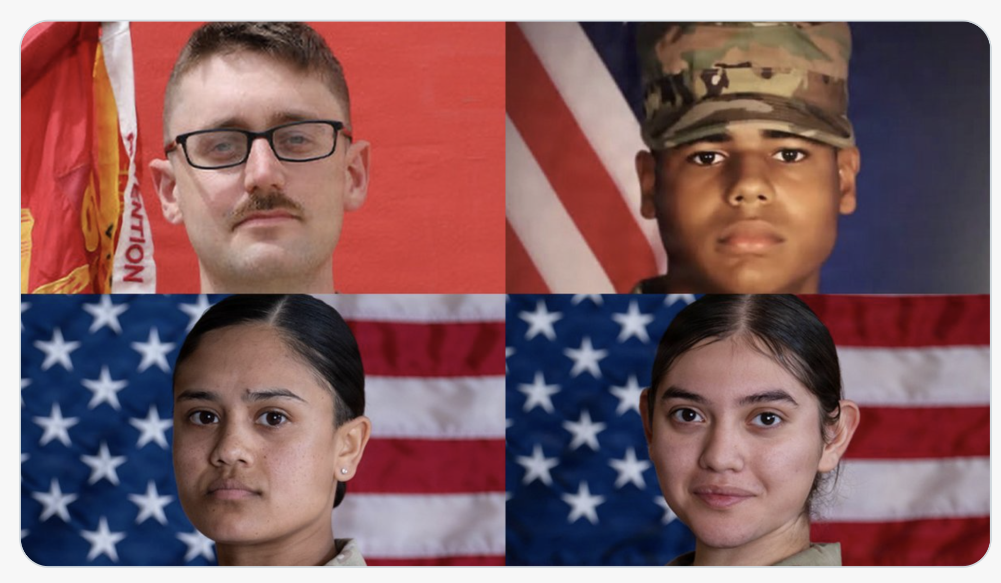 -Clockwise from top left -1st Lt. Tyler Feehan Sgt. Michael Swinton Sgt. Angel Rampersad Pvt. Isabella Gonzales-photo U.S. Army
