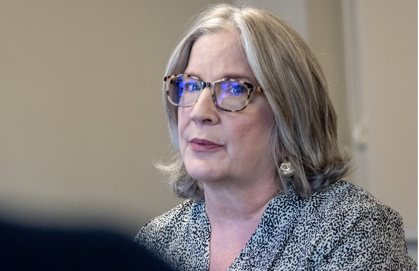 Susan Bell, whose work in various positions at Church of the Resurrection spanned two decades, talks to reporters during a July 15, 2026, interview in Kansas City, Kansas. Bell said staff surveys pointed to leadership problems at the church. (Photo by Sherman Smith/Kansas Reflector)