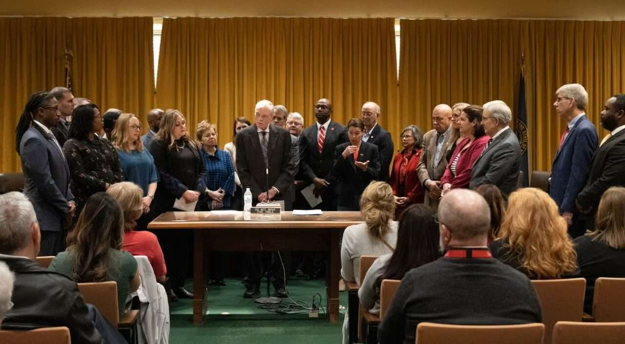 Former Husker football coach Tom Osborne, center, speaks at a February 2023 event with Nebraska Gov. Jim Pillen, just behind Osborne, at which Pillen designated the month as “Nebraska Mentoring Month.” (Courtesy of Nebraska Governor’s Office)