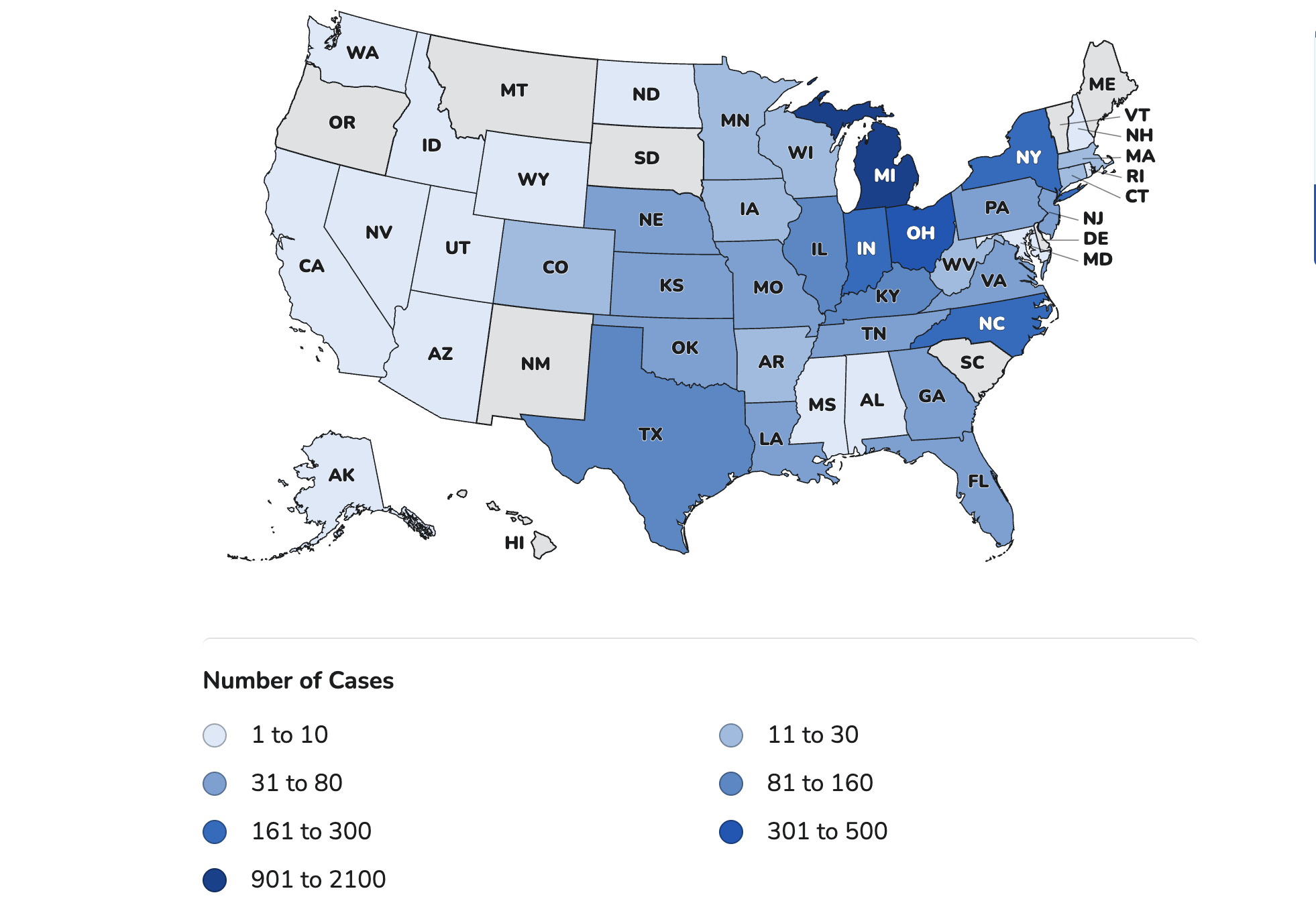 This map shows where the 4,173 people with cyclosporiasis acquired in the United States since May 1, 2026, lived. Cyclosporiasis cases may not be limited to these states with known cases. The true number of people sick with cyclosporiasis was likely higher than the number reported. This is because some people recover without medical care and are not tested for Cyclospora.