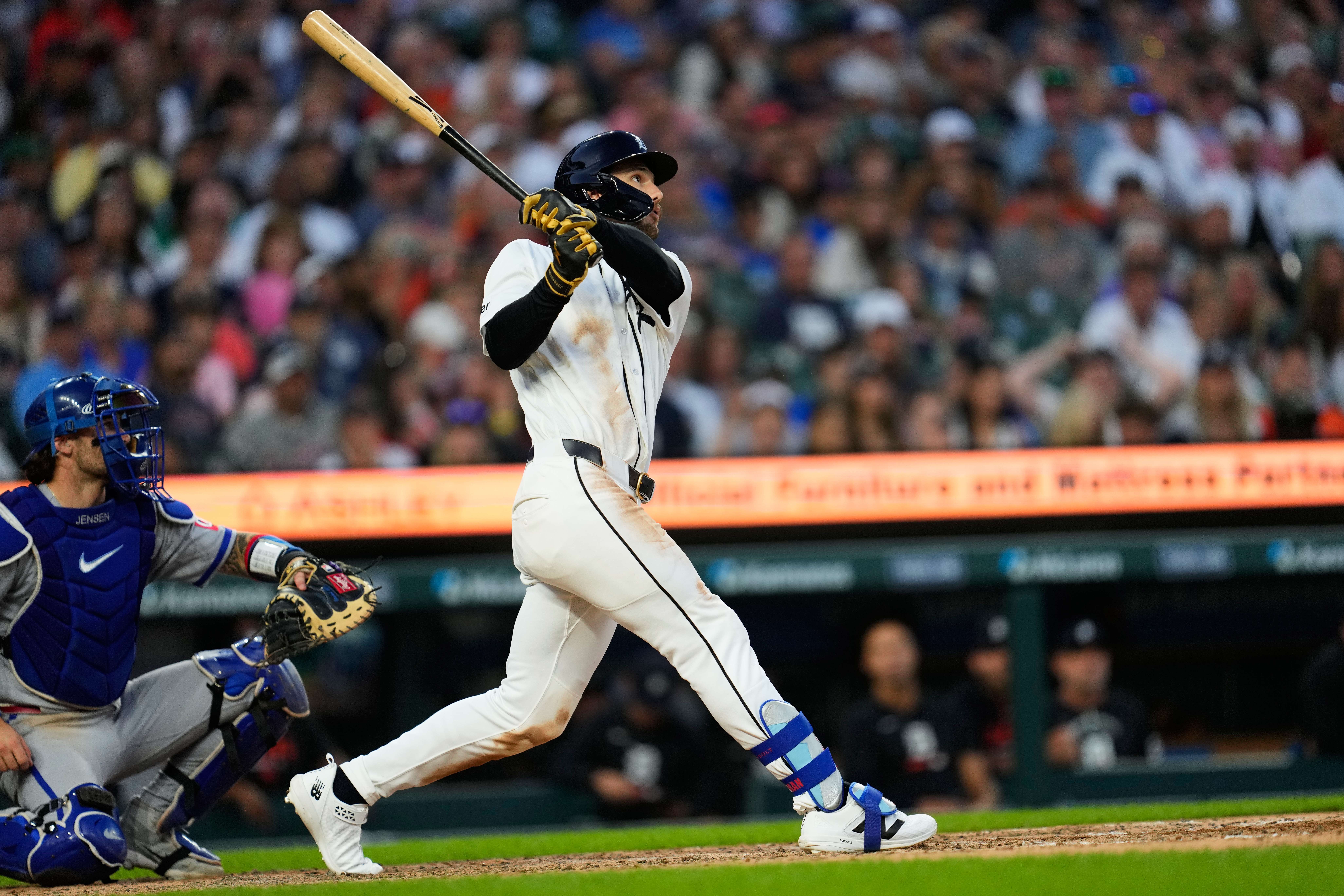 Detroit Tigers' James Outman hits a three-run home run against the Kansas City Royals during the seventh inning of a baseball game Thursday, July 23, 2026, in Detroit. (AP Photo/Paul Sancya)