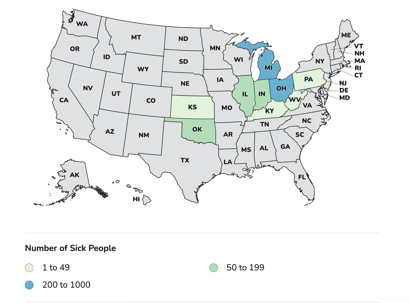 -This map shows where at least 1,947 people in 9 states in this multistate Cyclospora outbreak lived.&nbsp;This outbreak may not be limited to the states with known illnesses, and the true number of sick people is likely much higher than the number reported. This is because many people recover without medical care and are not tested for Cyclospora.&nbsp;CDC is also investigating other outbreaks and illnesses of cyclosporiasis nationally that are unrelated to this outbreak.