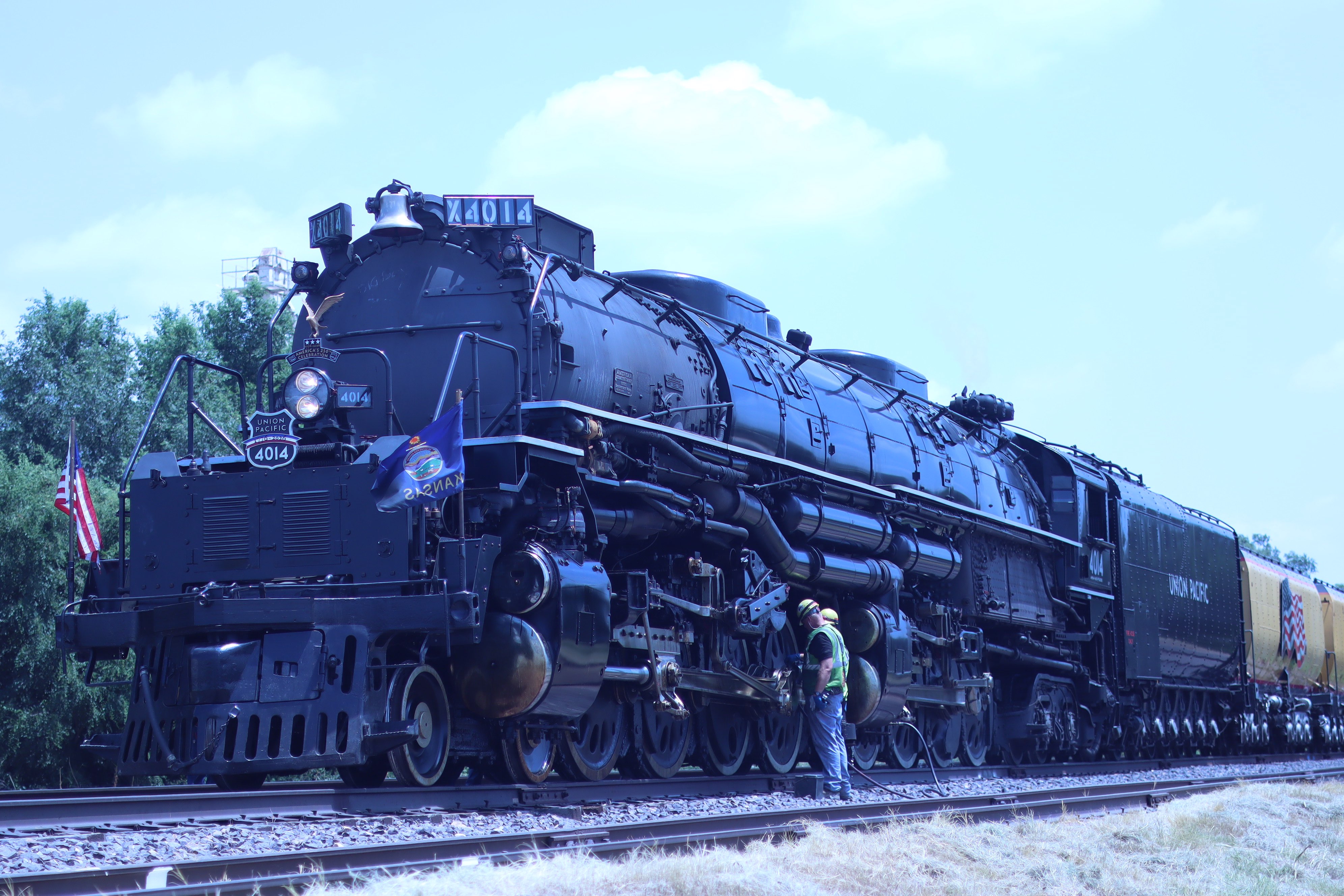 The massive driving wheels and boiler of Union Pacific's "Big Boy" No. 4014 are on display during the locomotive's visit to Hays. Photo by Alin Hett/Hays Post.&nbsp;<br>