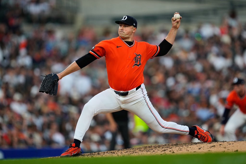 Detroit Tigers pitcher Tarik Skubal throws against the Kansas City Royals during the seventh inning of a baseball game Friday, July 24, 2026, in Detroit. (AP Photo/Paul Sancya)