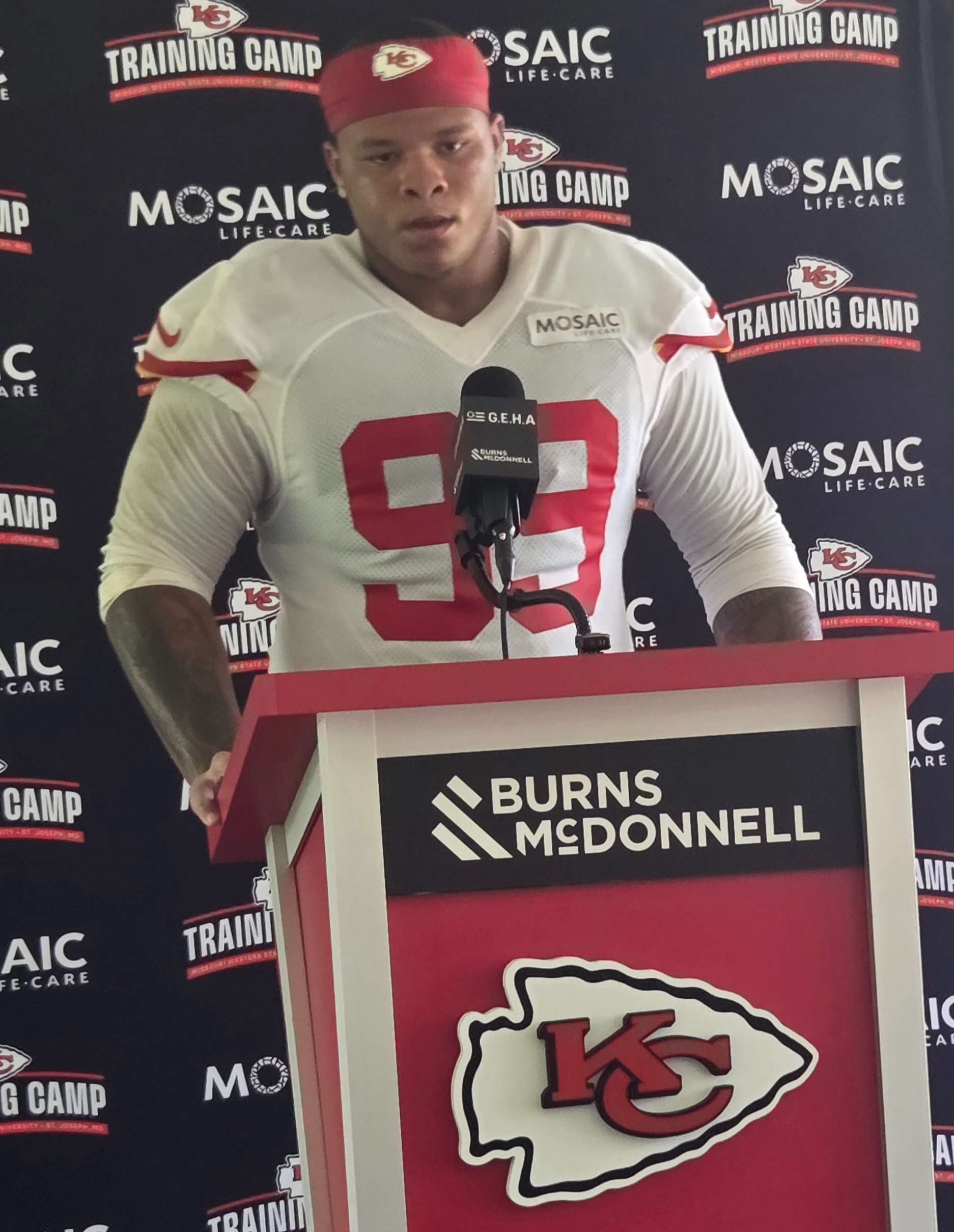 Peter Woods at the podium after the first rookies and quarterbacks practice of Chiefs Training Camp in St. Joseph/ Photo by Matt PIke
