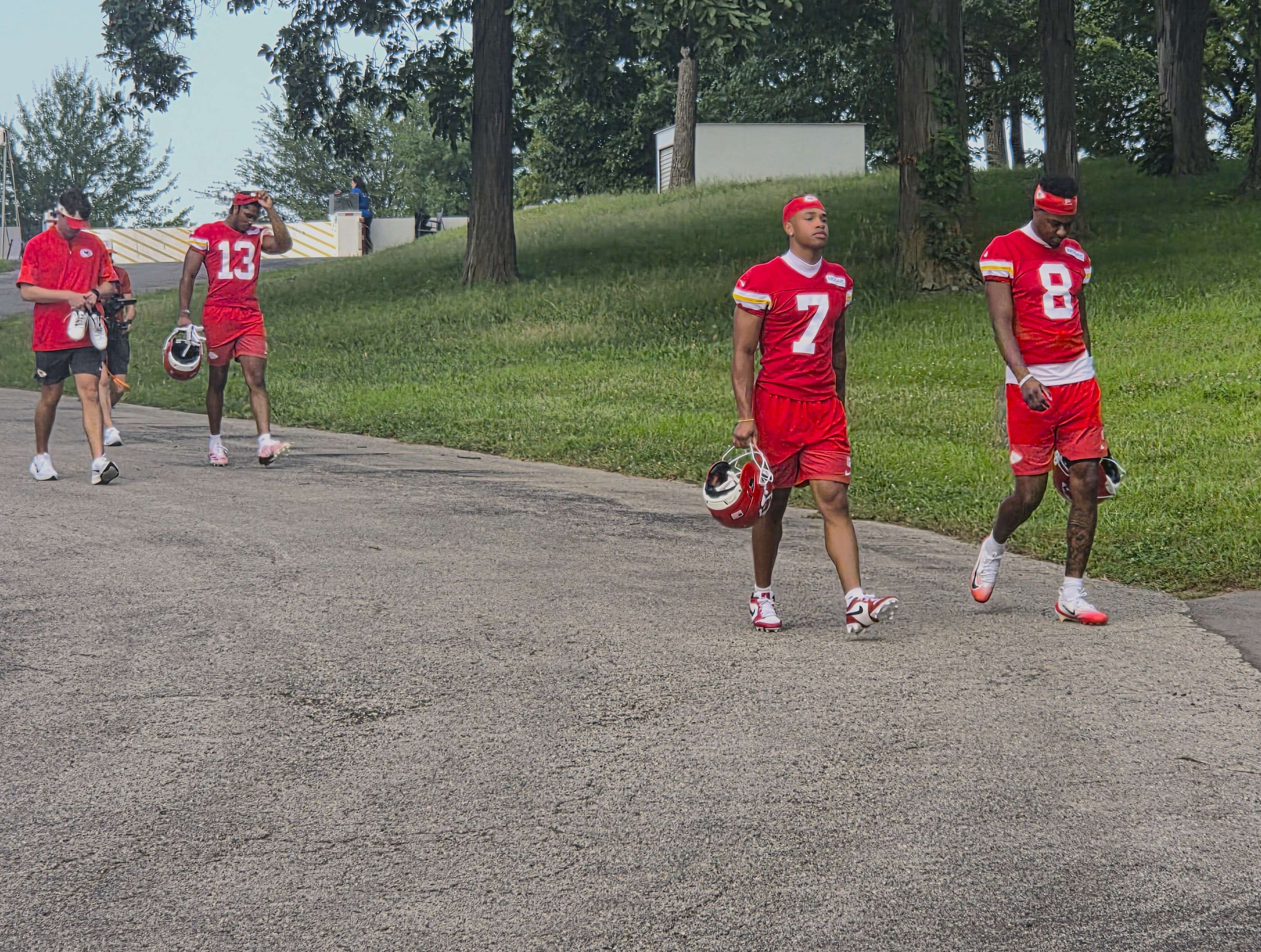 Cyrus Allen (13) walks down the hill to practice behind fellow rookie wide receivers Omari Evans (7) and Jeff Caldwell (8)/ Photo by Matt Pike
