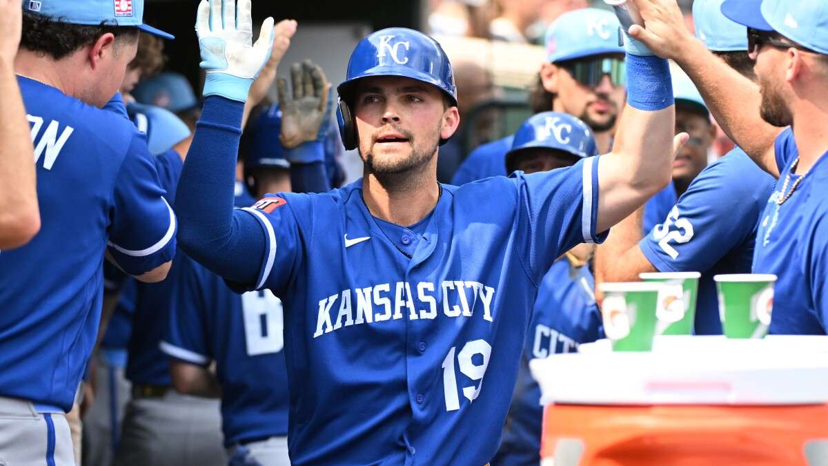 Kansas City Royals' Michael Massey (19) is congratulated by teammates after hitting a two-run home run during the eighth inning of a baseball game against the Detroit Tigers, Sunday, July 26, 2026, in Detroit. (AP Photo/Jose Juarez)