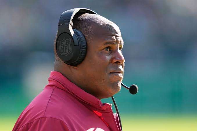 Washington Commanders offensive coordinator Eric Bieniemy watches from the sidelines during an NFL football game, Oct. 1, 2023, in Philadelphia. (AP Photo/Matt Rourke, File)