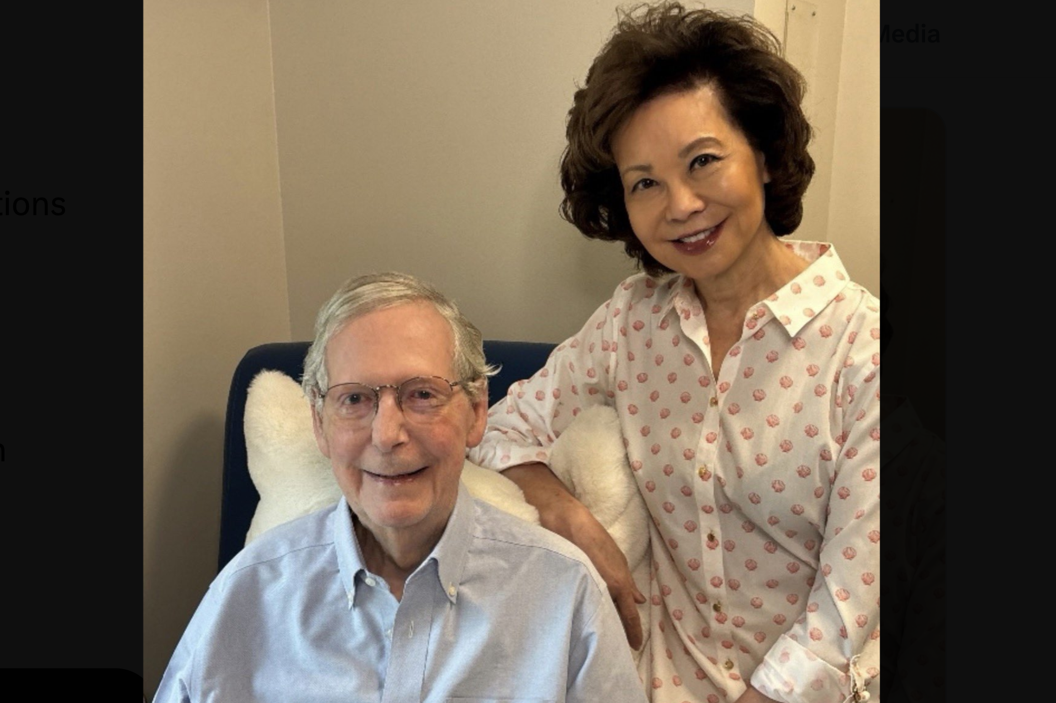 Senator Mitch McConnell and his wife former Transportation Secretary Elaine Chao in a photo taken Sunday July 26 and released by the Senator's office on Monday.&nbsp; In a statement, the Senator said, “I’m still working hard to get back to my full schedule of work in the Senate and in Kentucky, keeping up with intense physical therapy per my doctors’ orders. Unfortunately, that means I won’t be able to make it to Fancy Farm, Kentucky this Saturday.”